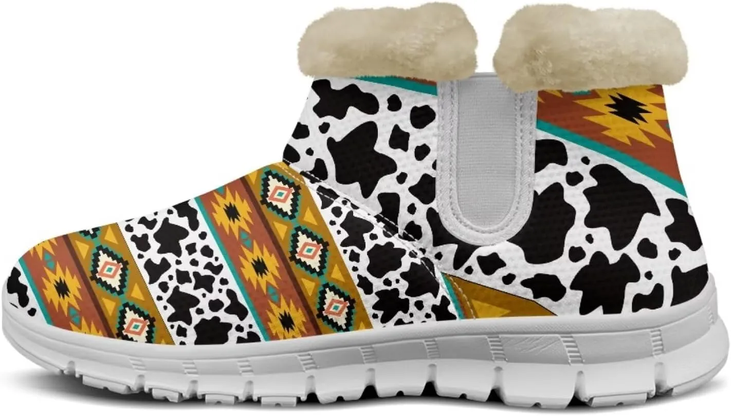 Cow Leopard Print Winter Snow Boots for Women Cold Weather Fuzzy Outdoor Shoes with Plush Collar
