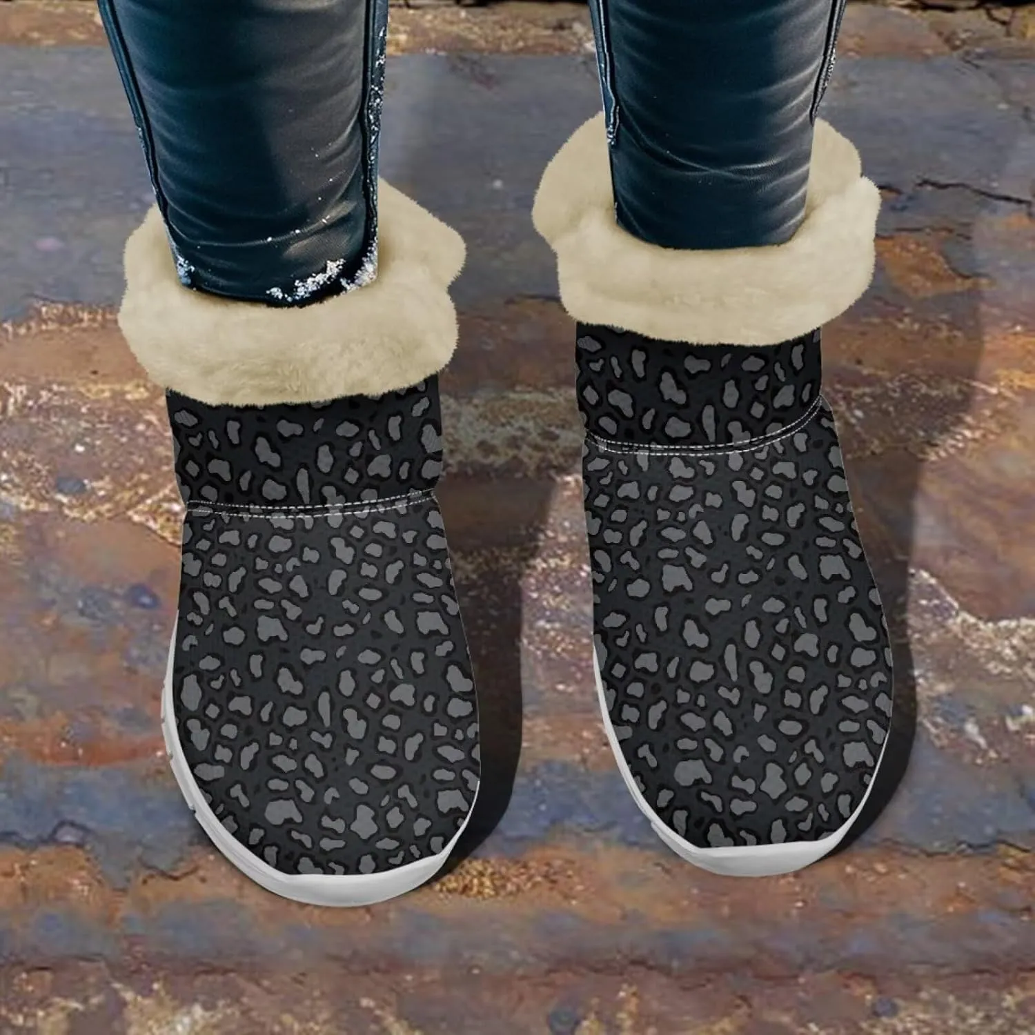 Cow Leopard Print Winter Snow Boots for Women Cold Weather Fuzzy Outdoor Shoes with Plush Collar