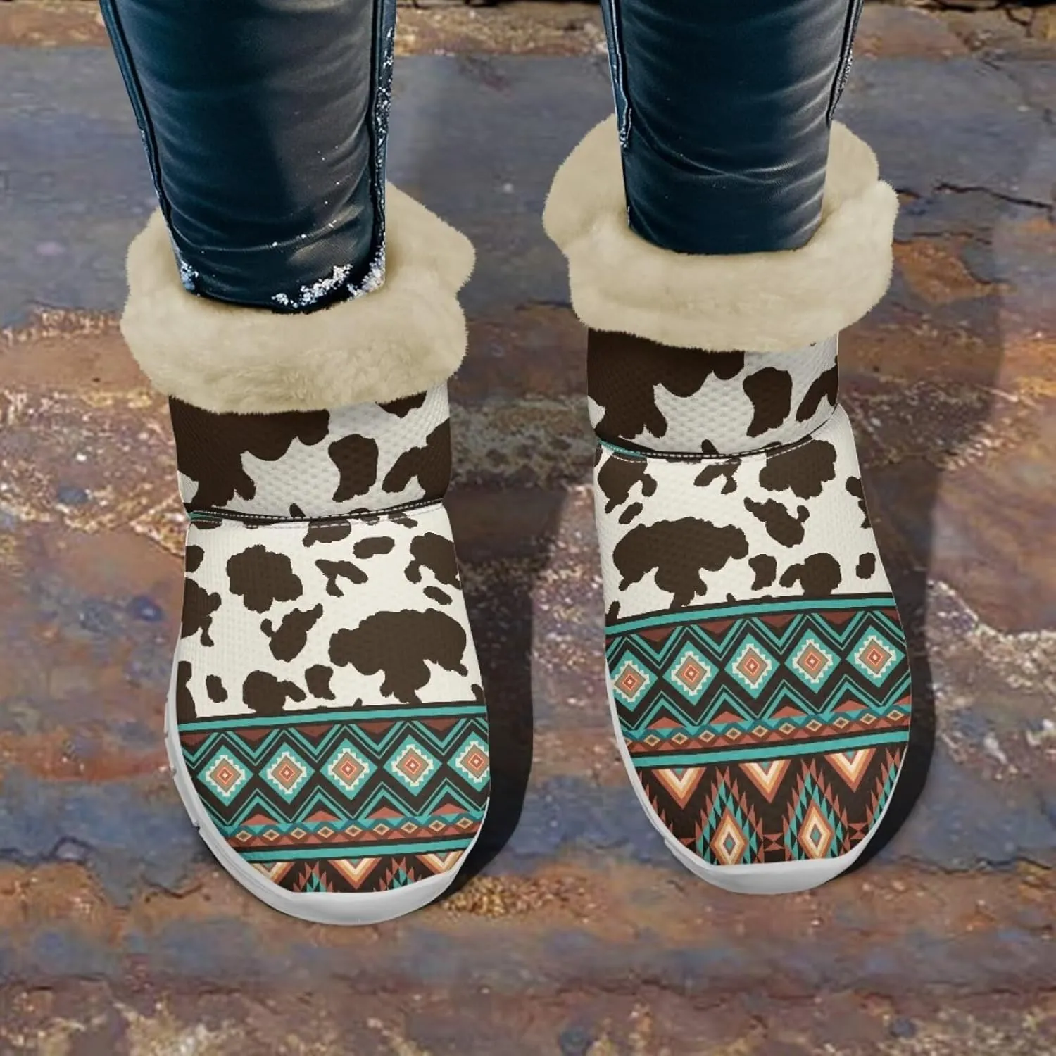 Cow Leopard Print Winter Snow Boots for Women Cold Weather Fuzzy Outdoor Shoes with Plush Collar