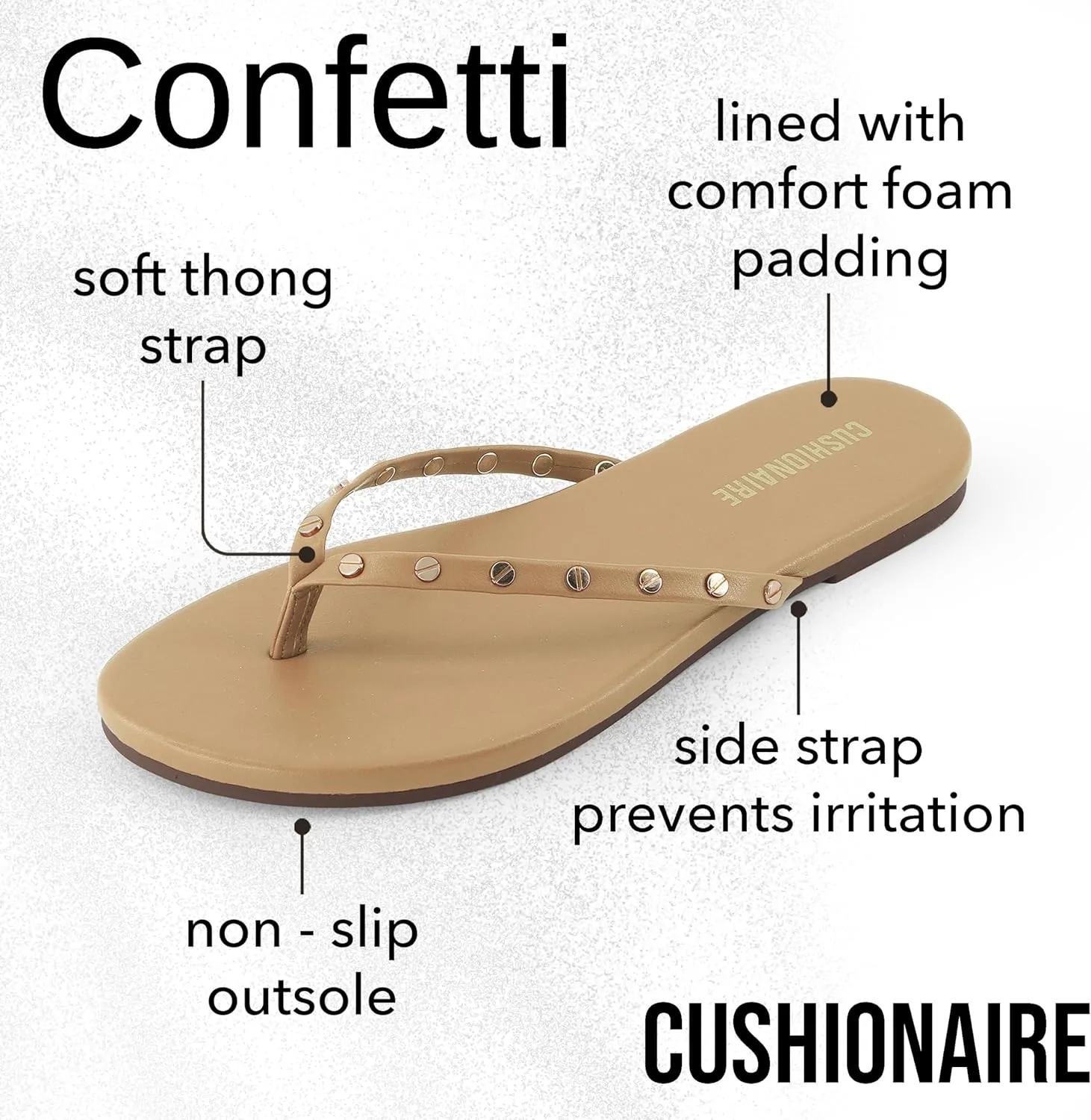 CUSHIONAIRE Confetti Womens Studded Flip Flop Sandal  Slip-On Thong with Memory Foam & Stylish Rivet Strap