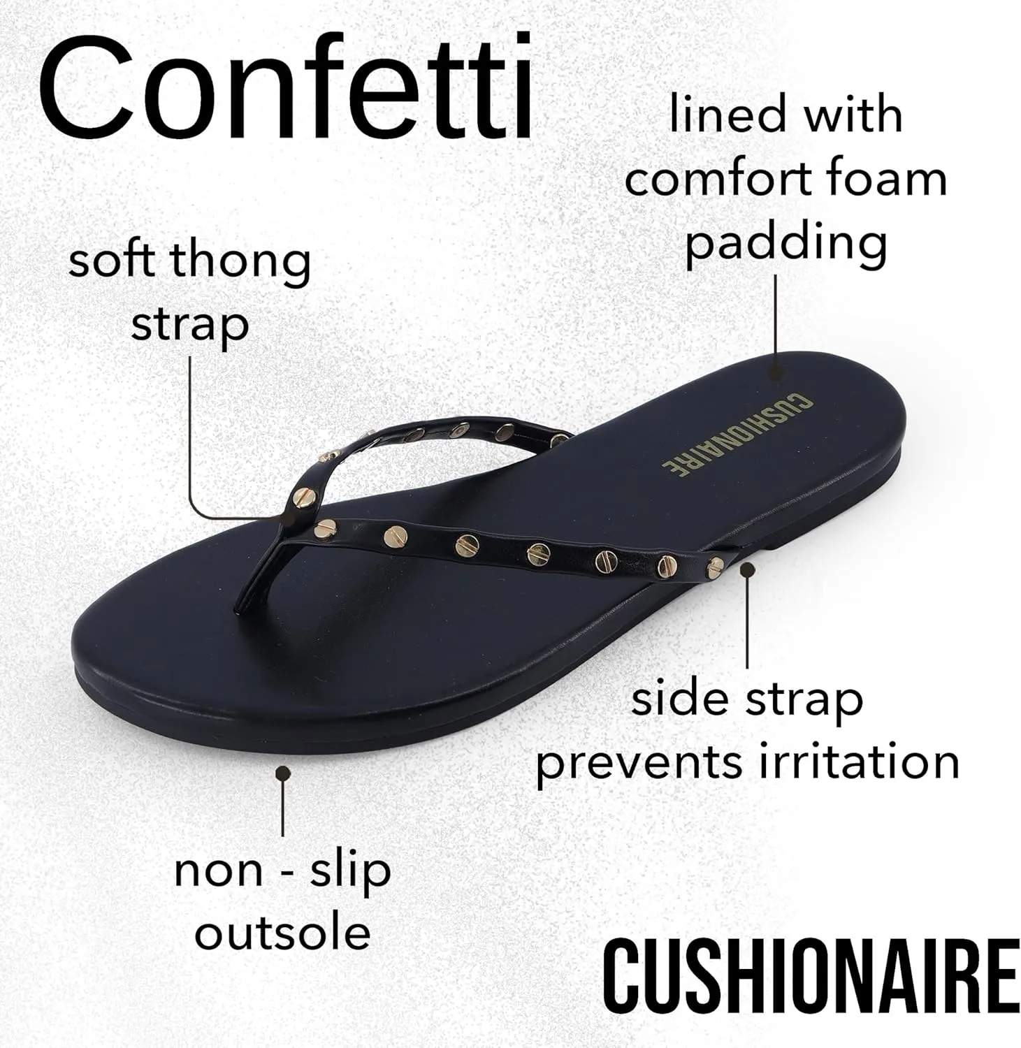 CUSHIONAIRE Confetti Womens Studded Flip Flop Sandal  Slip-On Thong with Memory Foam & Stylish Rivet Strap