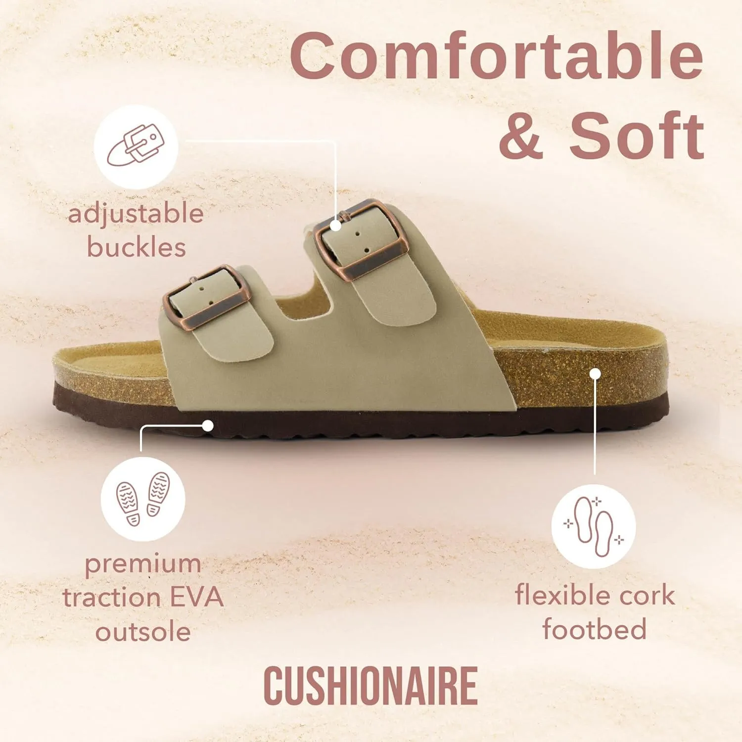 CUSHIONAIRE Lane Cork Footbed Sandals for Women  Comfortable Double Buckle Slip-On with Genuine Suede Footbed & Arch Support Slides for Women Footwear