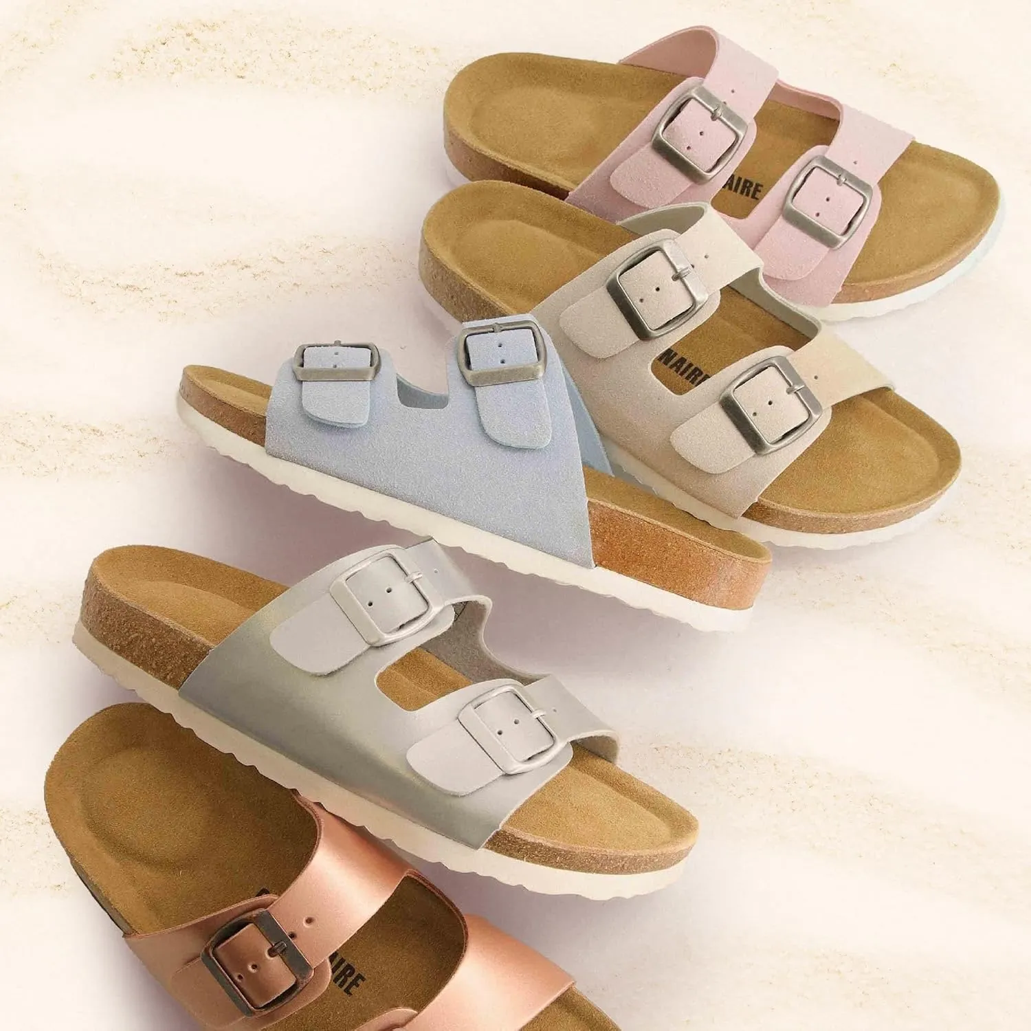 CUSHIONAIRE Lane Cork Footbed Sandals for Women  Comfortable Double Buckle Slip-On with Genuine Suede Footbed & Arch Support Slides for Women Footwear