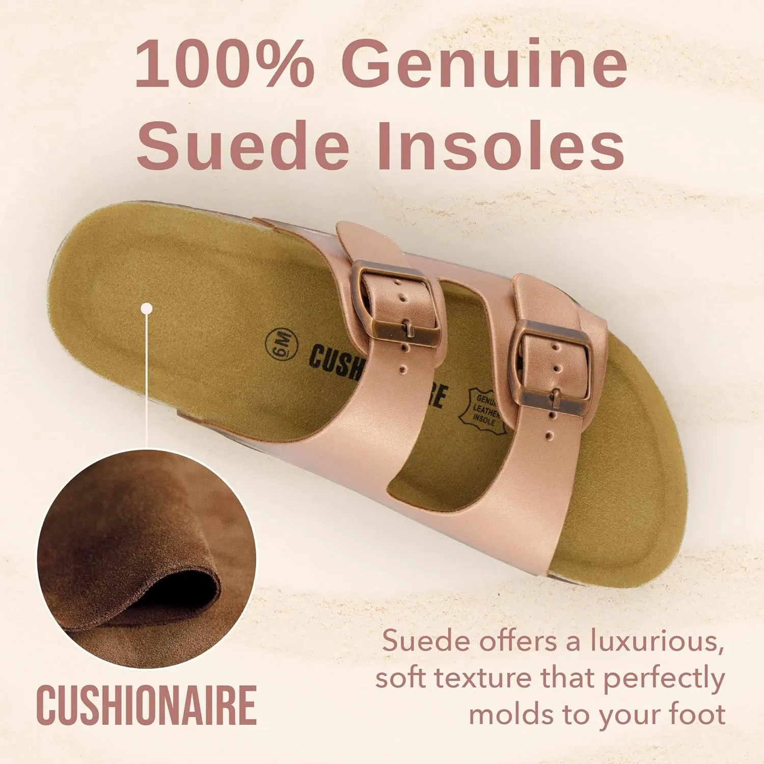 CUSHIONAIRE Lane Cork Footbed Sandals for Women  Comfortable Double Buckle Slip-On with Genuine Suede Footbed & Arch Support Slides for Women Footwear