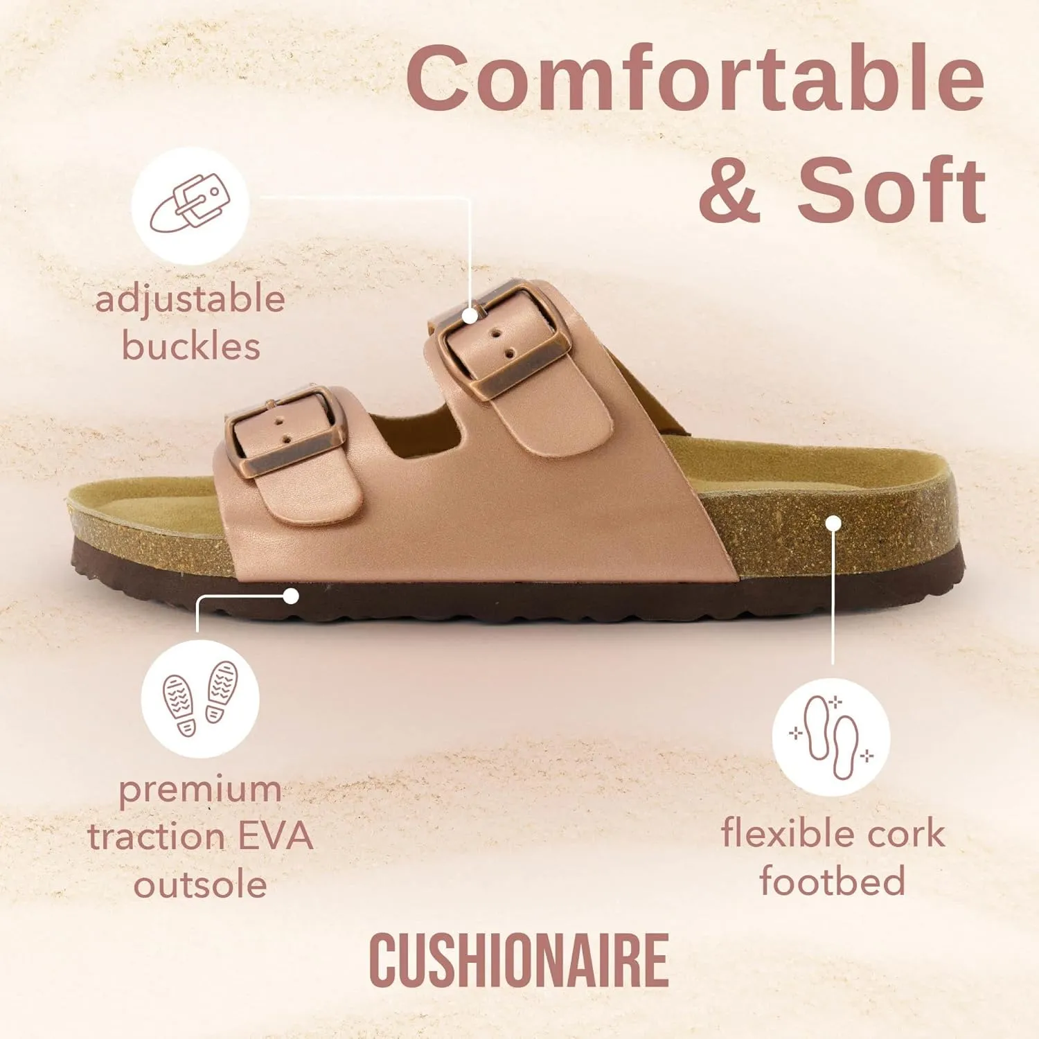 CUSHIONAIRE Lane Cork Footbed Sandals for Women  Comfortable Double Buckle Slip-On with Genuine Suede Footbed & Arch Support Slides for Women Footwear