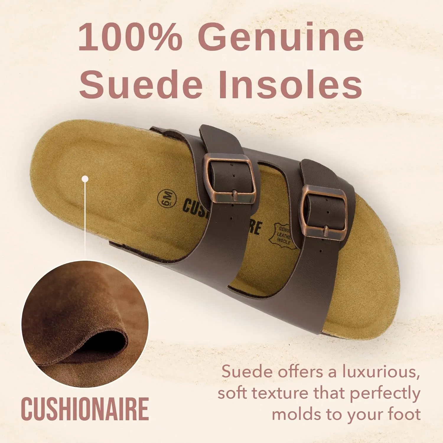 CUSHIONAIRE Lane Cork Footbed Sandals for Women  Comfortable Double Buckle Slip-On with Genuine Suede Footbed & Arch Support Slides for Women Footwear