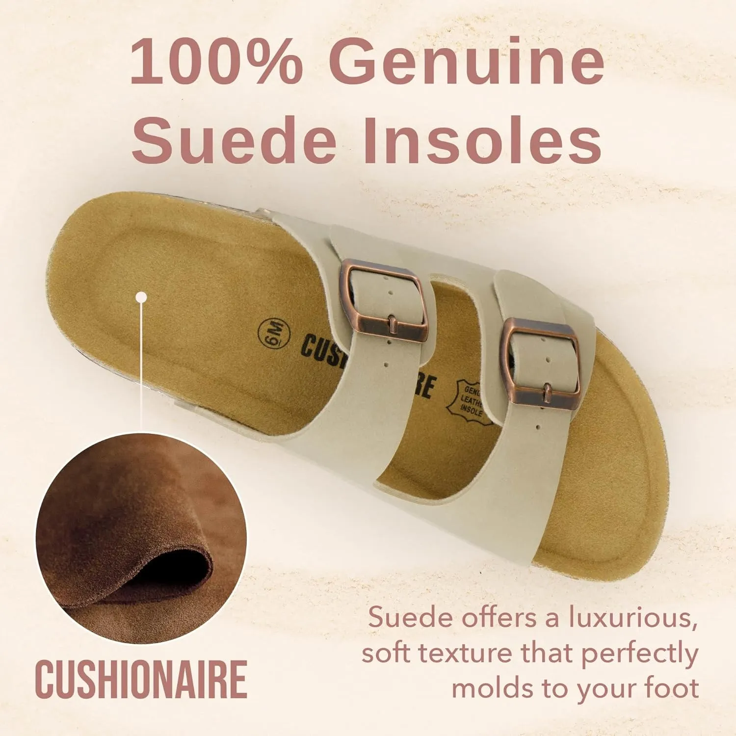 CUSHIONAIRE Lane Cork Footbed Sandals for Women  Comfortable Double Buckle Slip-On with Genuine Suede Footbed & Arch Support Slides for Women Footwear