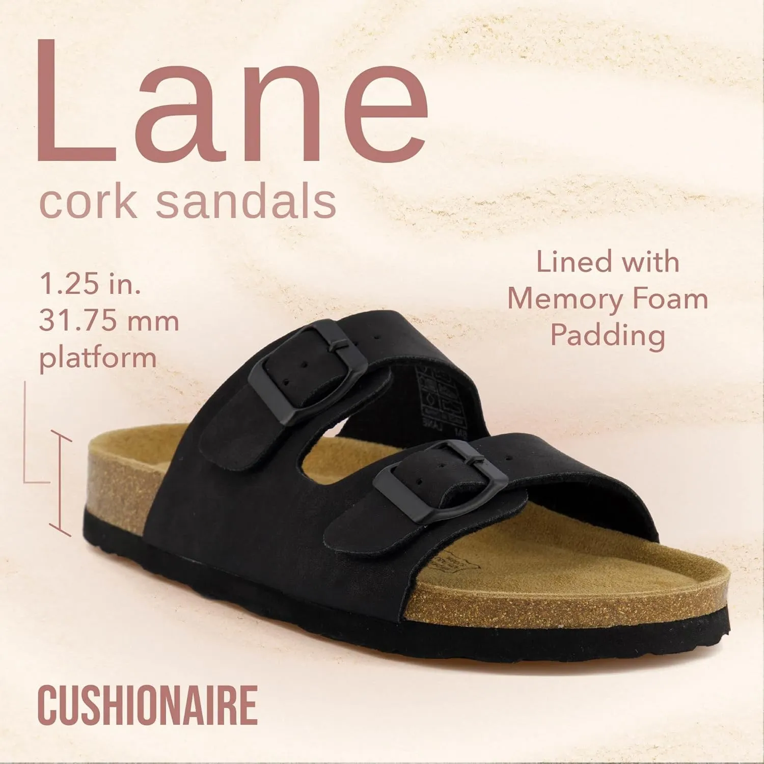 CUSHIONAIRE Lane Cork Footbed Sandals for Women  Comfortable Double Buckle Slip-On with Genuine Suede Footbed & Arch Support Slides for Women Footwear