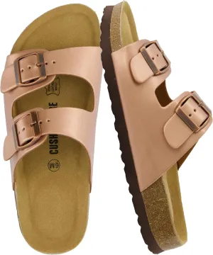 CUSHIONAIRE Lane Cork Footbed Sandals for Women  Comfortable Double Buckle Slip-On with Genuine Suede Footbed & Arch Support Slides for Women Footwear