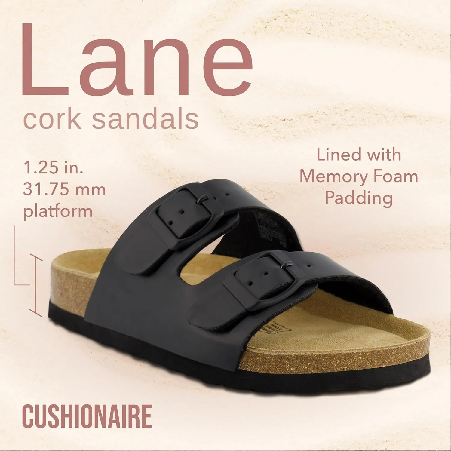 CUSHIONAIRE Lane Cork Footbed Sandals for Women  Comfortable Double Buckle Slip-On with Genuine Suede Footbed & Arch Support Slides for Women Footwear