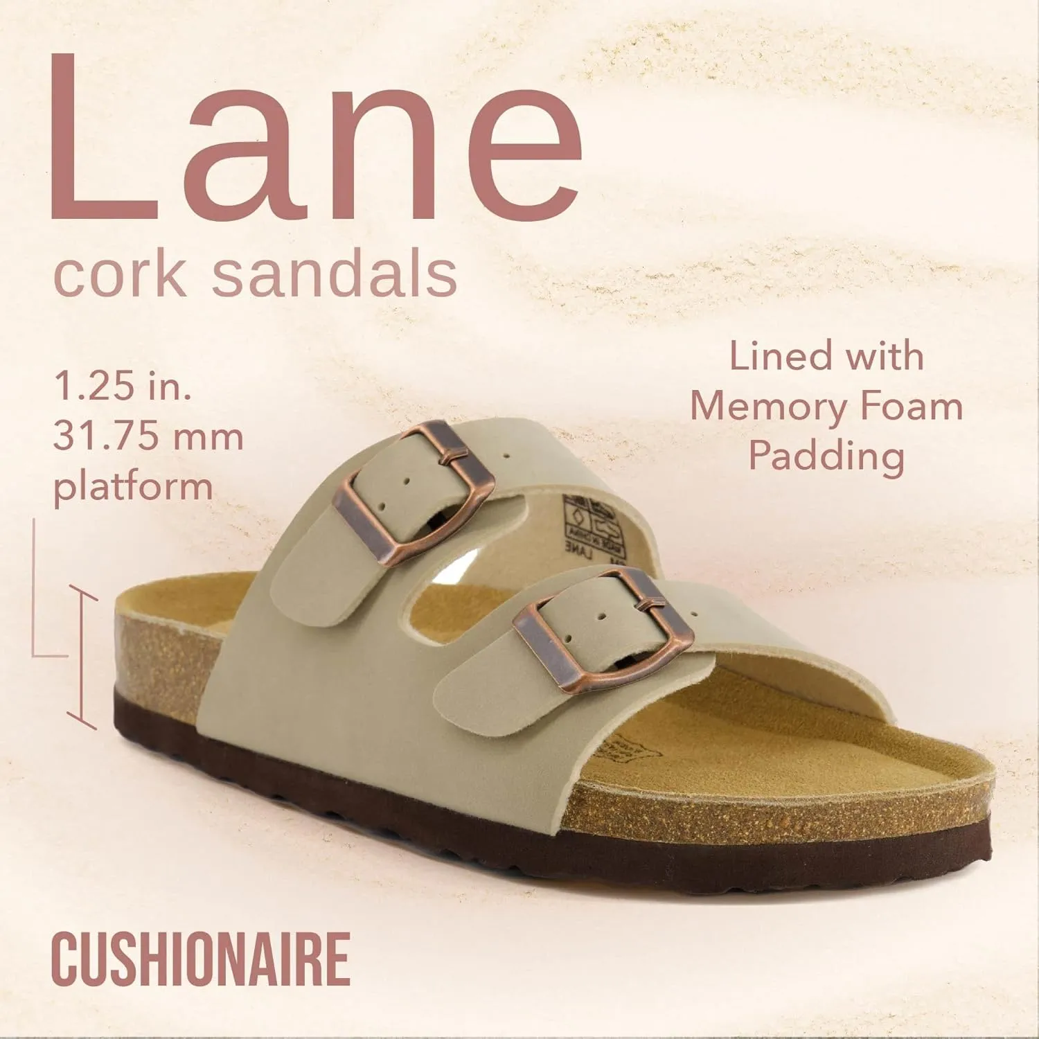 CUSHIONAIRE Lane Cork Footbed Sandals for Women  Comfortable Double Buckle Slip-On with Genuine Suede Footbed & Arch Support Slides for Women Footwear