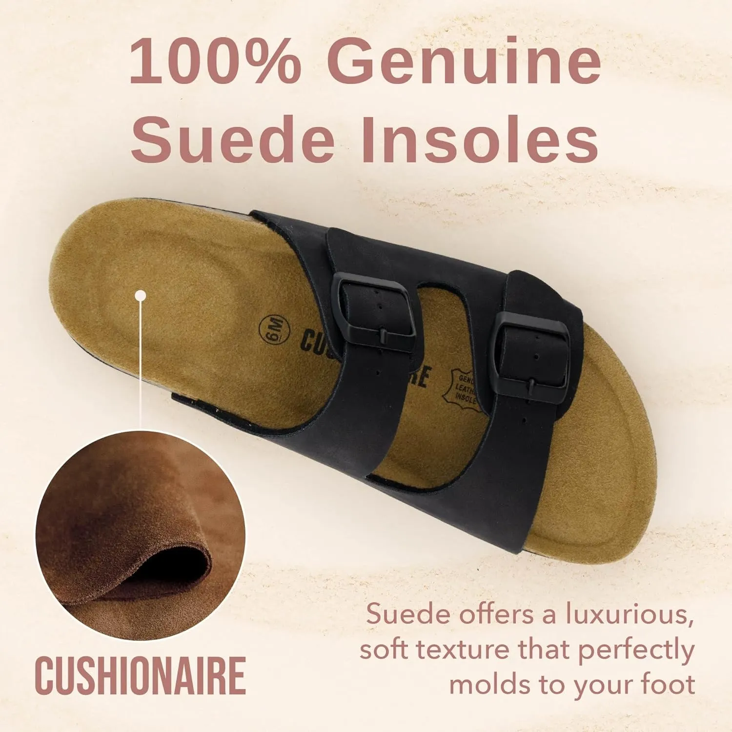 CUSHIONAIRE Lane Cork Footbed Sandals for Women  Comfortable Double Buckle Slip-On with Genuine Suede Footbed & Arch Support Slides for Women Footwear