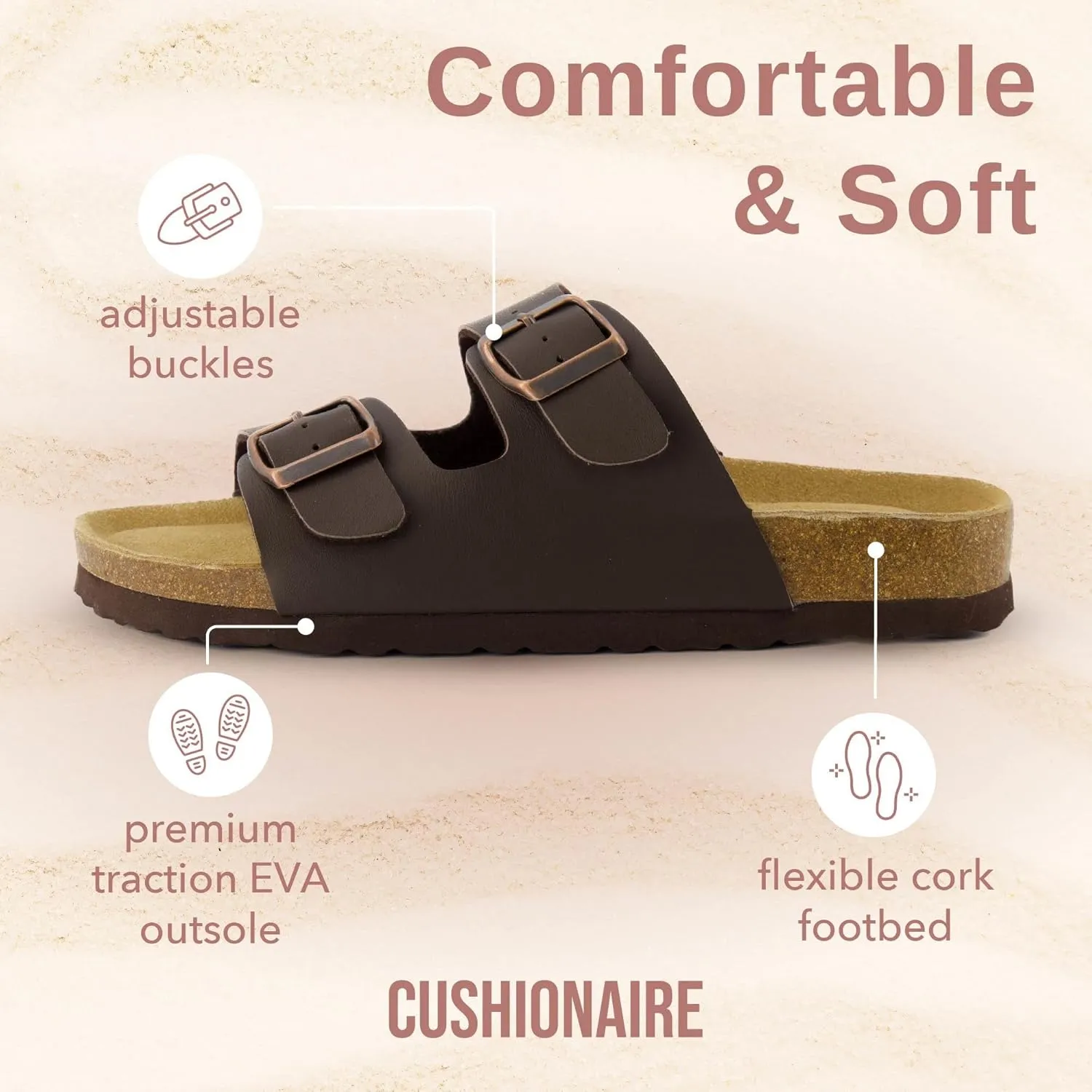 CUSHIONAIRE Lane Cork Footbed Sandals for Women  Comfortable Double Buckle Slip-On with Genuine Suede Footbed & Arch Support Slides for Women Footwear