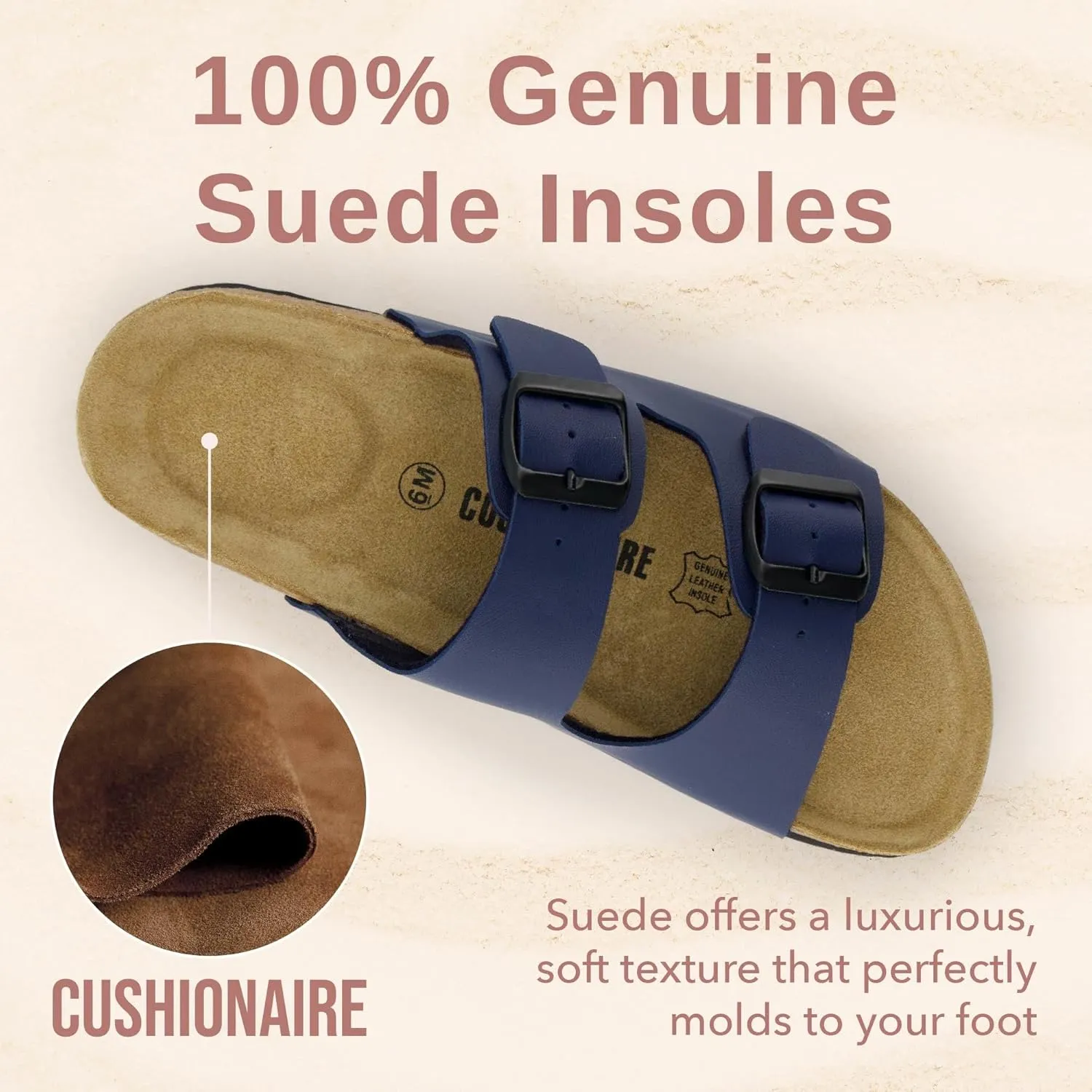 CUSHIONAIRE Lane Cork Footbed Sandals for Women  Comfortable Double Buckle Slip-On with Genuine Suede Footbed & Arch Support Slides for Women Footwear