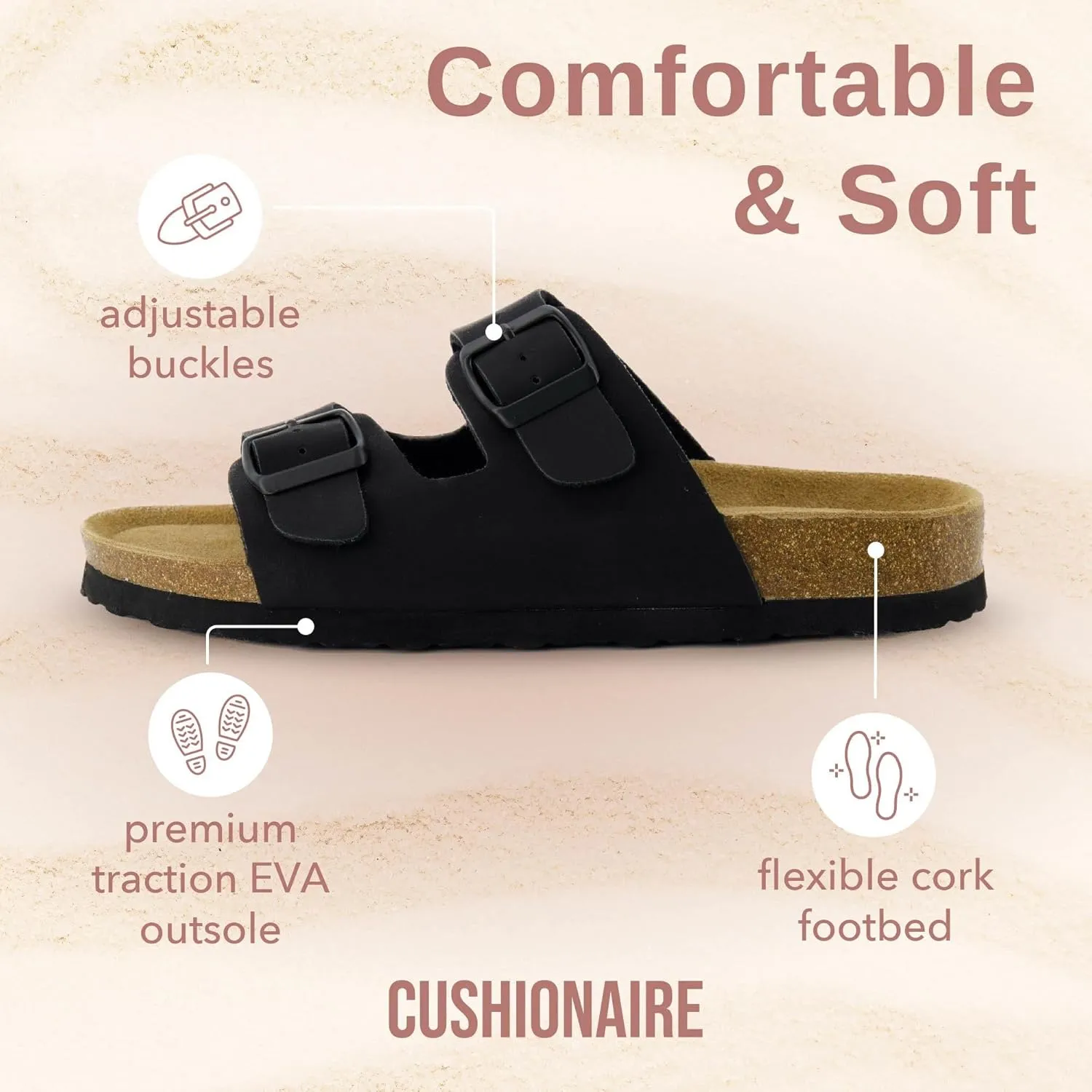 CUSHIONAIRE Lane Cork Footbed Sandals for Women  Comfortable Double Buckle Slip-On with Genuine Suede Footbed & Arch Support Slides for Women Footwear