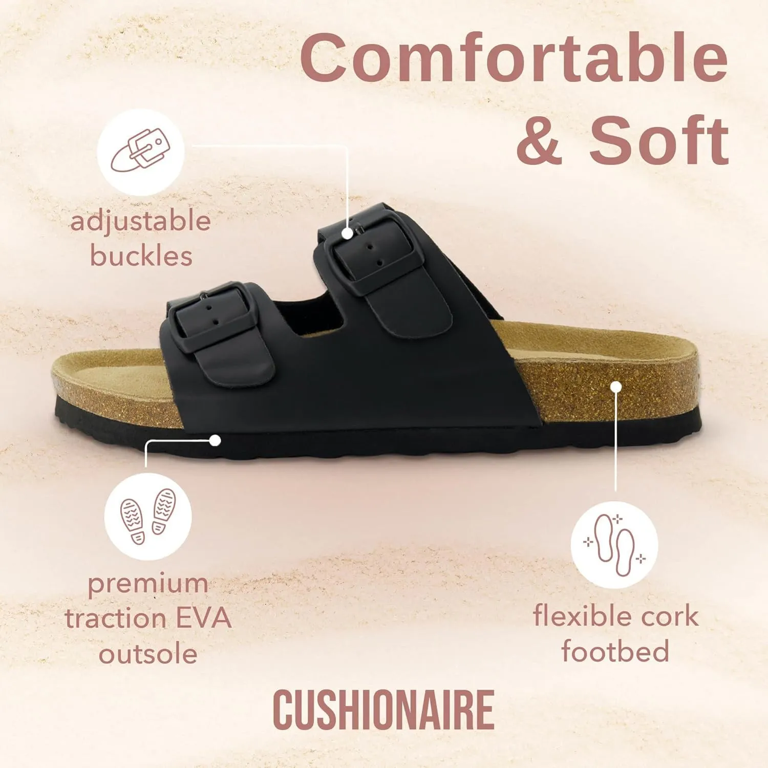 CUSHIONAIRE Lane Cork Footbed Sandals for Women  Comfortable Double Buckle Slip-On with Genuine Suede Footbed & Arch Support Slides for Women Footwear