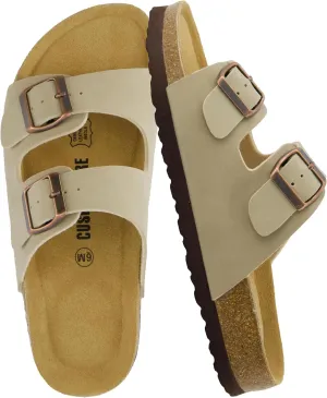 CUSHIONAIRE Lane Cork Footbed Sandals for Women  Comfortable Double Buckle Slip-On with Genuine Suede Footbed & Arch Support Slides for Women Footwear