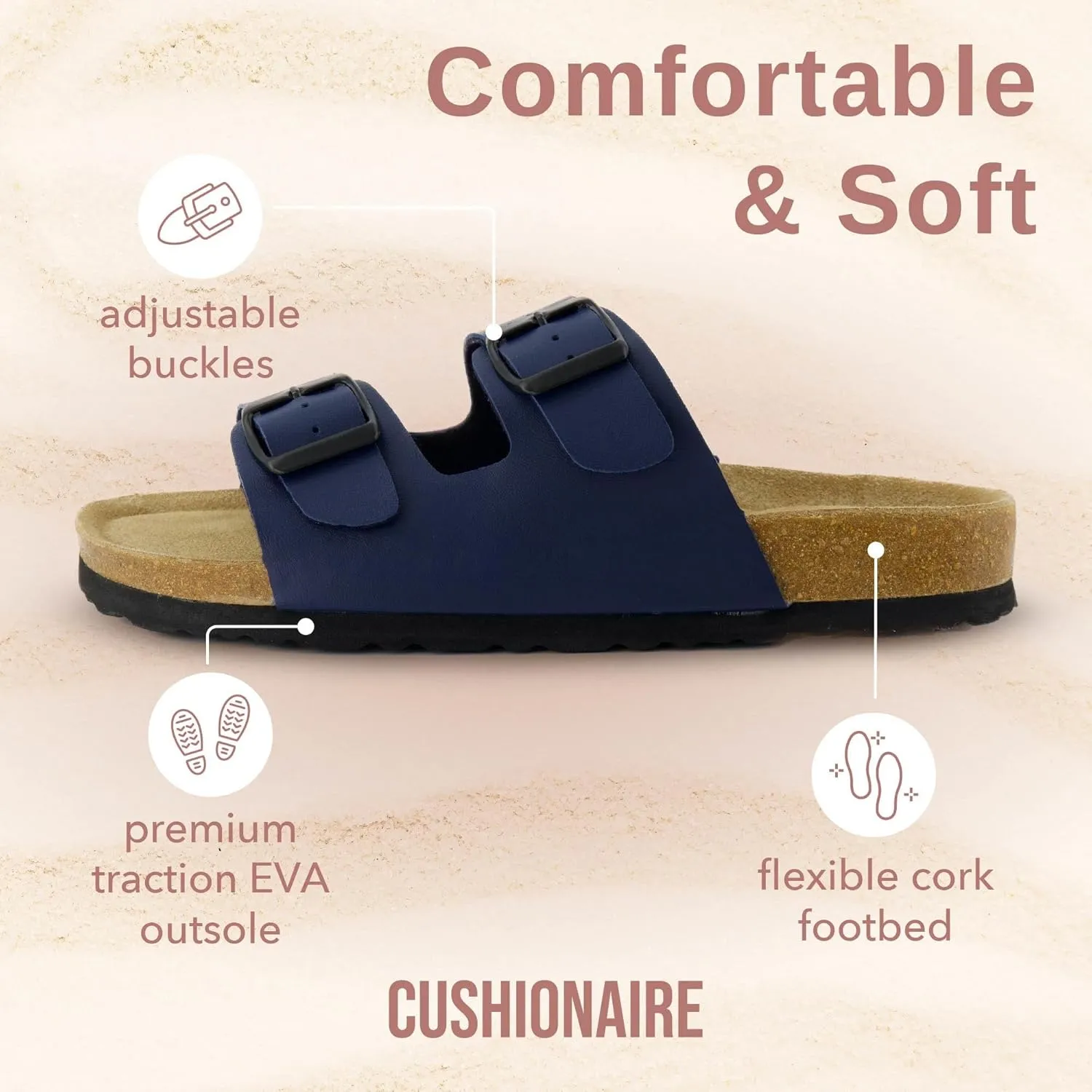 CUSHIONAIRE Lane Cork Footbed Sandals for Women  Comfortable Double Buckle Slip-On with Genuine Suede Footbed & Arch Support Slides for Women Footwear