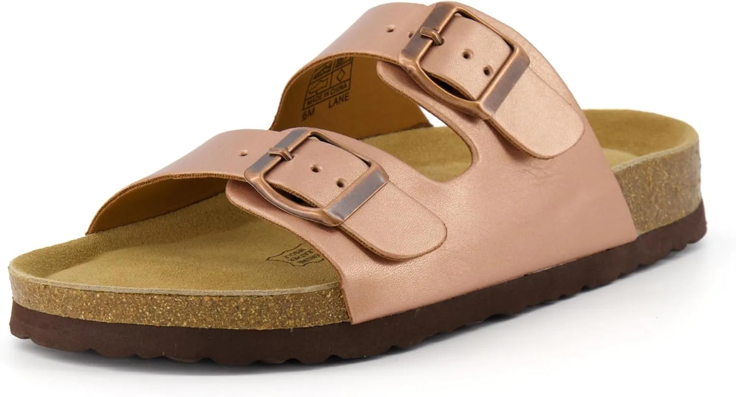 CUSHIONAIRE Lane Cork Footbed Sandals for Women  Comfortable Double Buckle Slip-On with Genuine Suede Footbed & Arch Support Slides for Women Footwear