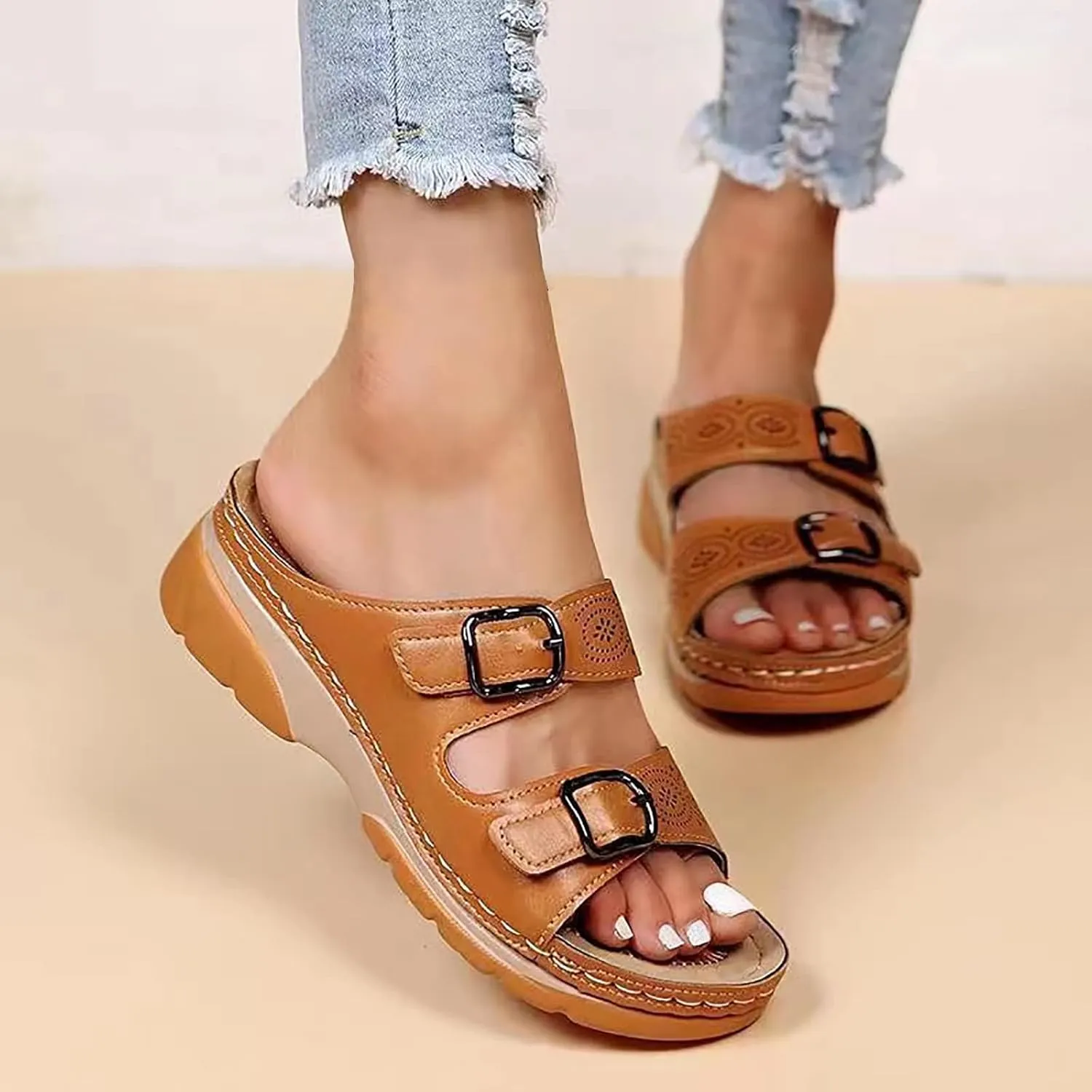 Dheva-C Orthopedic Sandals for Women Summer Dressy 2023, Women Walking Slippers with Arch Support Leopard Anti-Slip Comfortable Slip on Sandals Boho Flip Flops Beach Shoes (Khaki-c, 8)