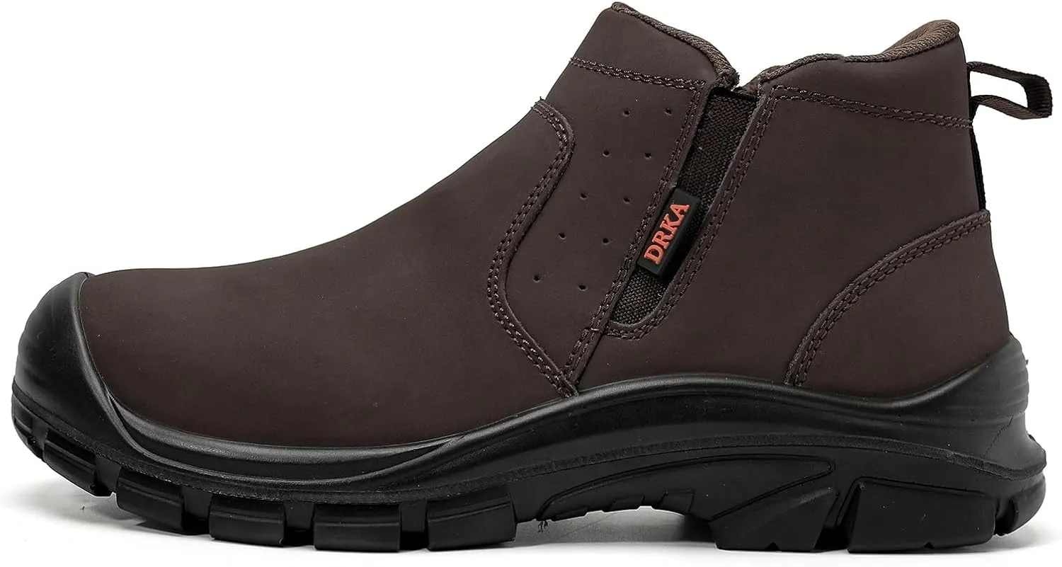 DRKA Men's Slip-On Chelsea Steel Toe Work Boots - Waterproof, Lightweight, Comfortable, and Non-Slip Industrial & Construction Safety Shoes