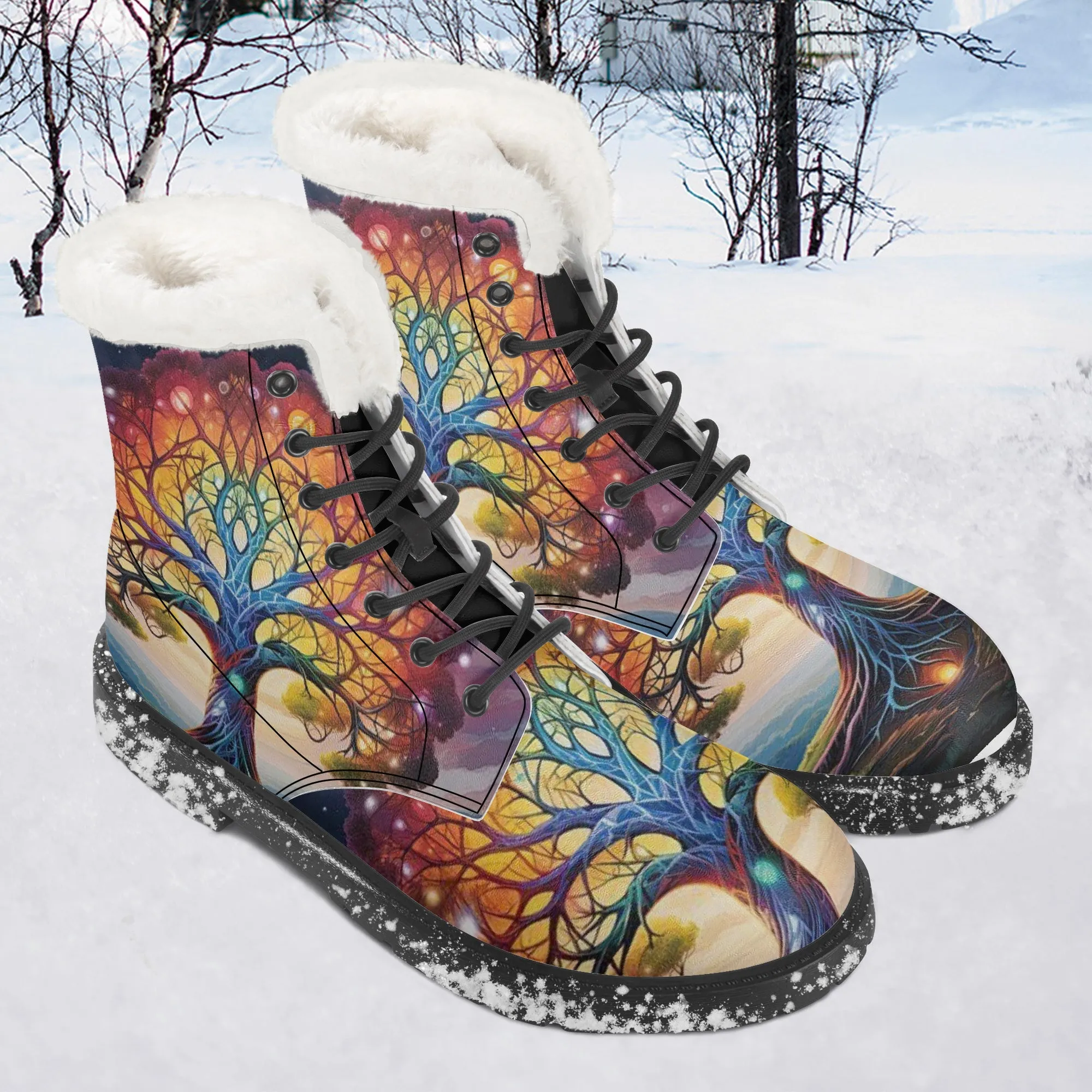 Electric Trees Faux Fur Leather Boots
