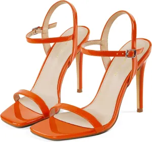 Elisabet Tang Women's High Heeled Sandals 4 Inch Strappy Sling Back Stiletto Open Square Toe Heels with Ankle Straps at Wedding Party Prom Work Dating