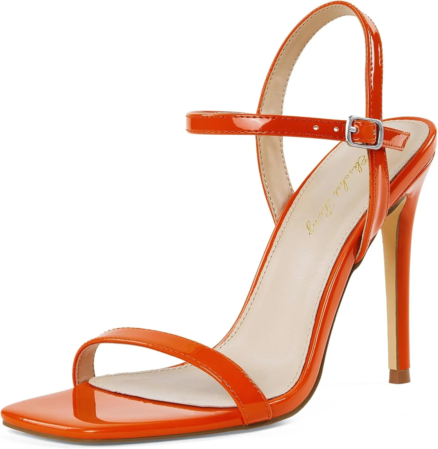 Elisabet Tang Women's High Heeled Sandals 4 Inch Strappy Sling Back Stiletto Open Square Toe Heels with Ankle Straps at Wedding Party Prom Work Dating
