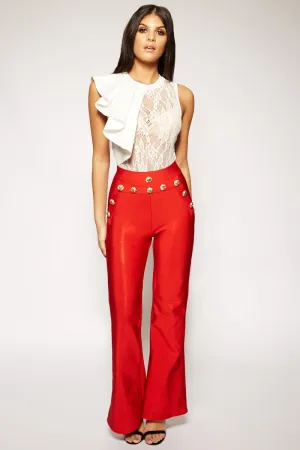 Farera - Red High Waisted Gold Button Bandage Trousers