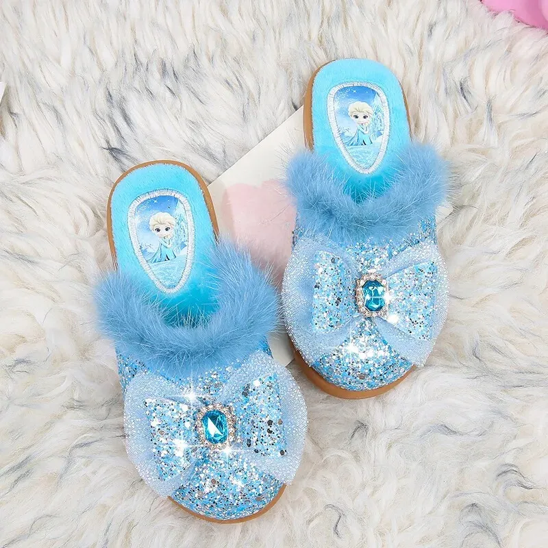 Frozen Princess Printed Glitter Bow Slide Slippers With Faux Fur