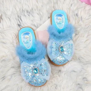 Frozen Princess Printed Glitter Bow Slide Slippers With Faux Fur