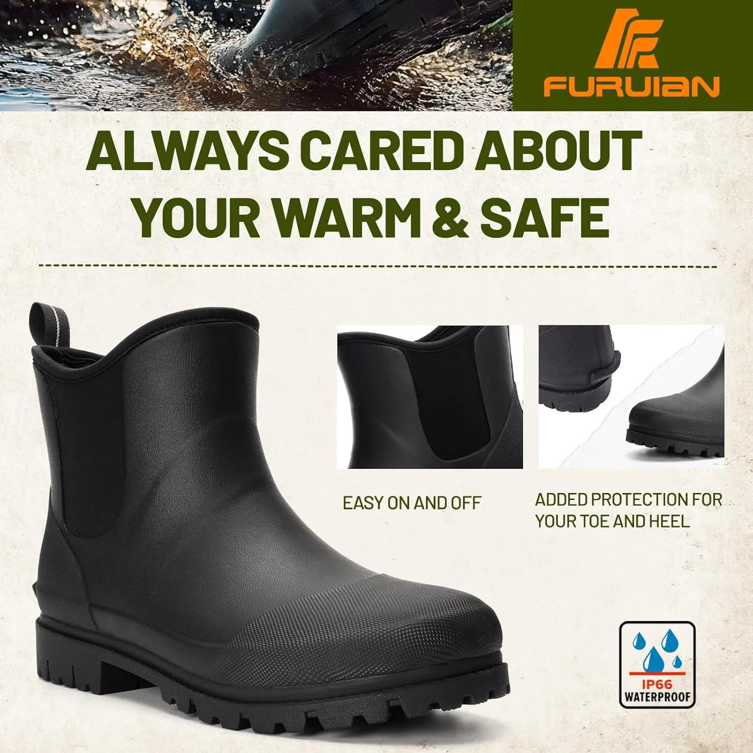 Furuian Men's Steel Toe Rain Boots Rubber Work Boots Chelsea Rain Boots Waterproof Ankle/Short Mud Boots for Men Non Slip Construction Boots Hunting Boots for Agriculture and Industrial Working