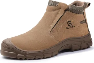 GLANOUDUN Work Boots for Men Slip on Steel Toe Shoes for Men Indestructible Safety Toe Welding Boots Construction Men's Work Shoes Welder Working Footwear Brown
