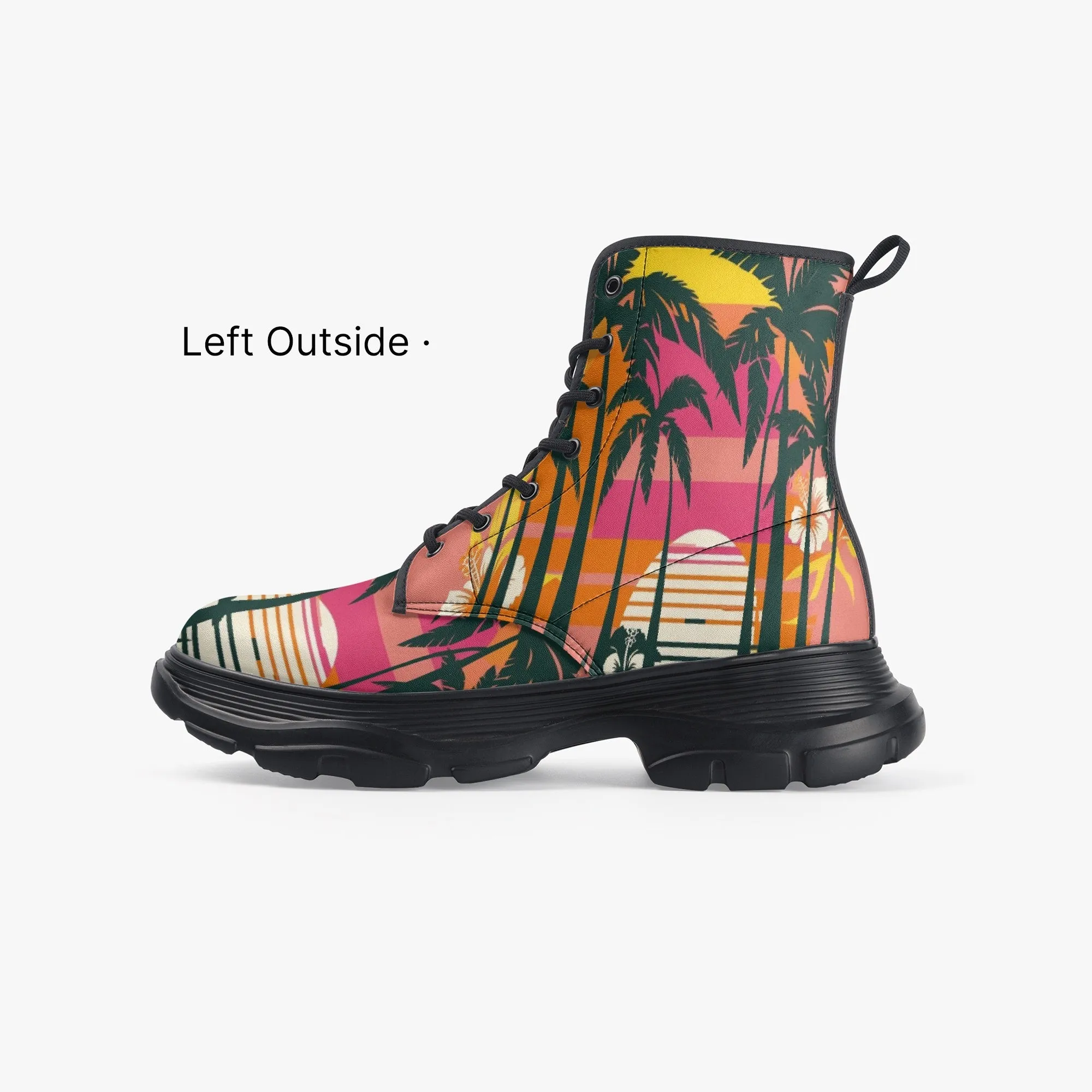 Hawaiian Palm Trees Casual Leather Chunky Boots