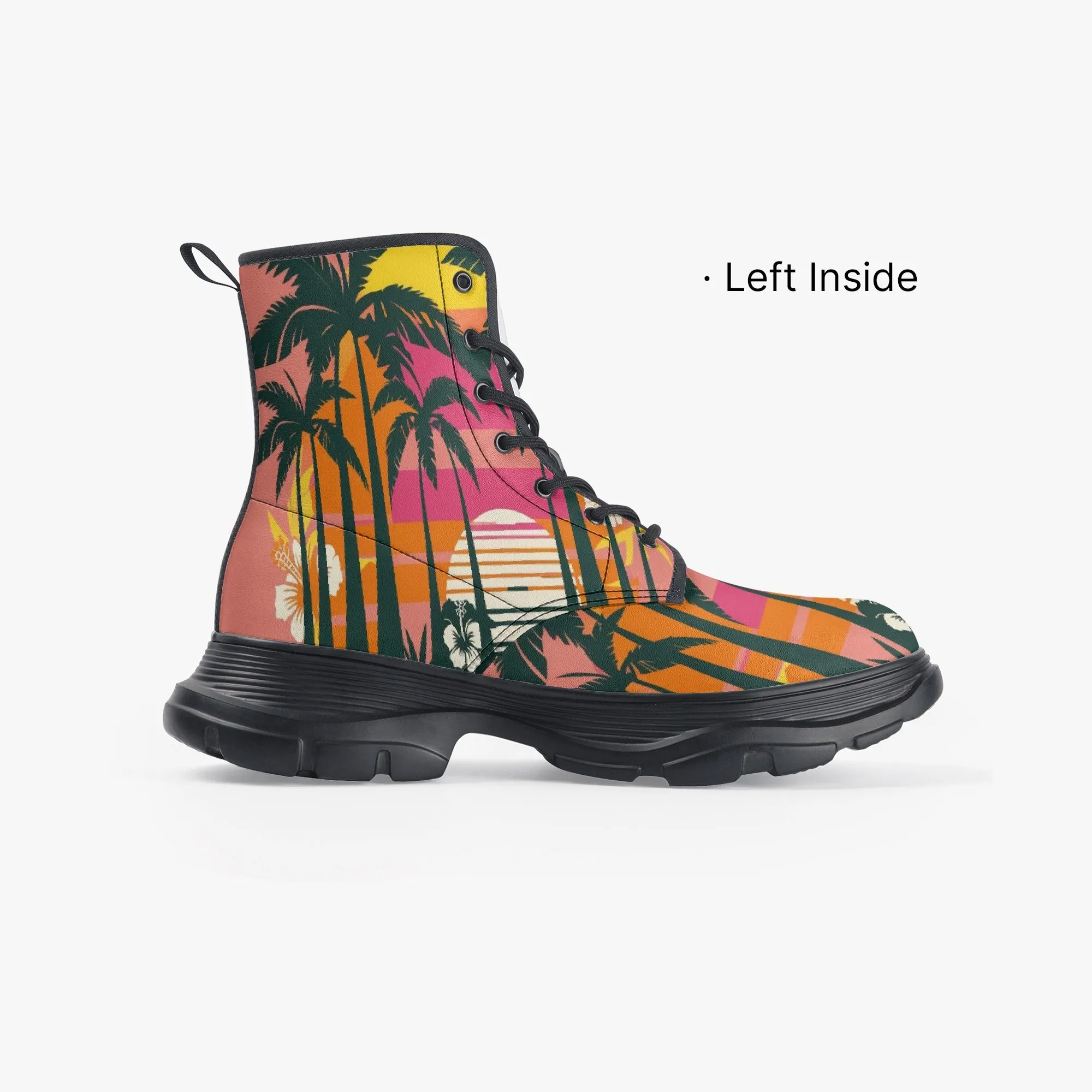Hawaiian Palm Trees Casual Leather Chunky Boots