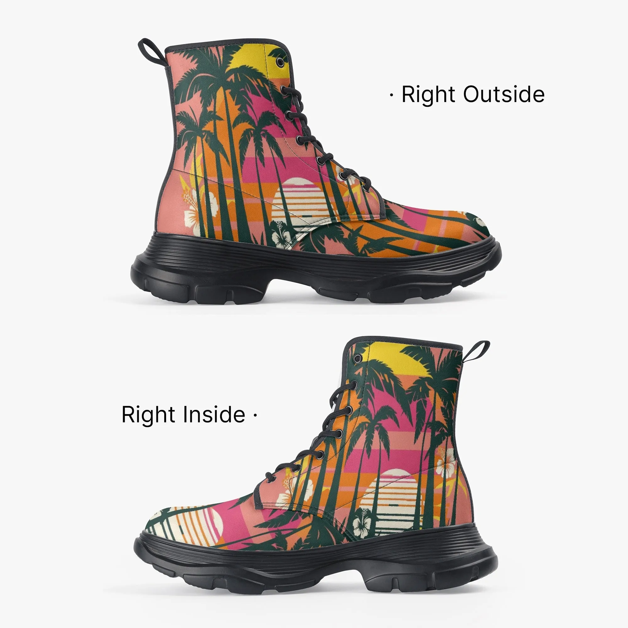 Hawaiian Palm Trees Casual Leather Chunky Boots
