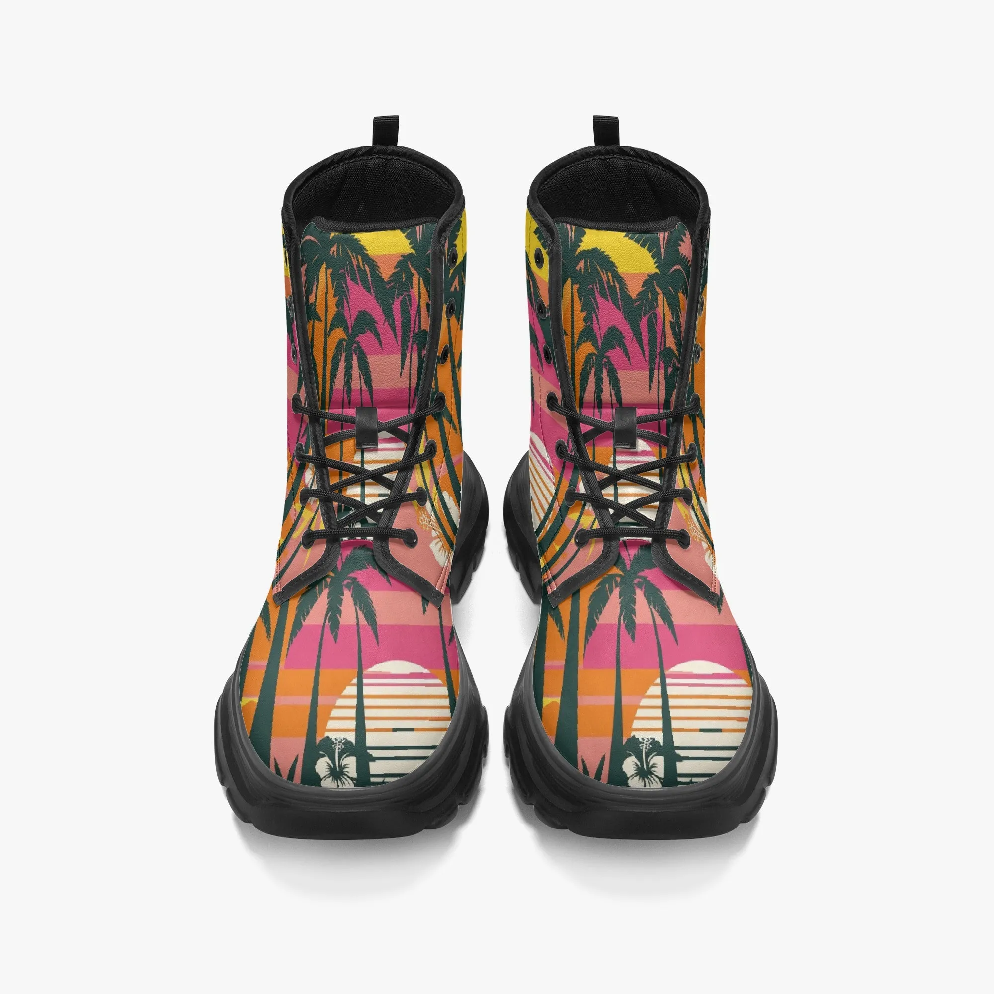 Hawaiian Palm Trees Casual Leather Chunky Boots
