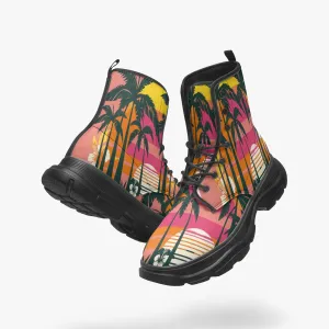 Hawaiian Palm Trees Casual Leather Chunky Boots