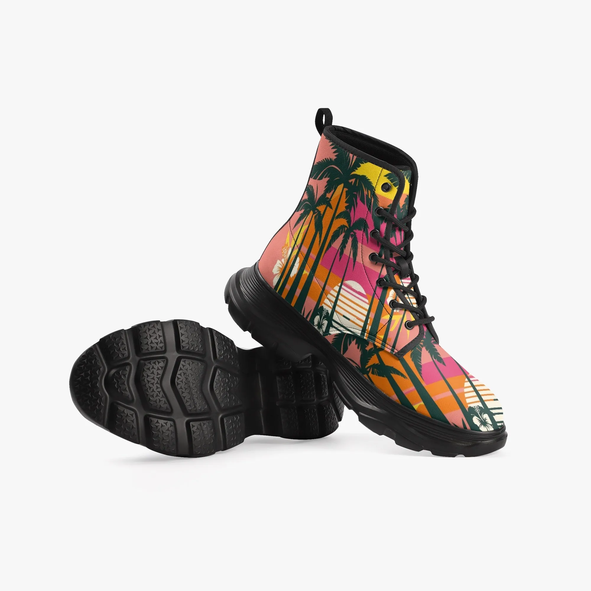 Hawaiian Palm Trees Casual Leather Chunky Boots