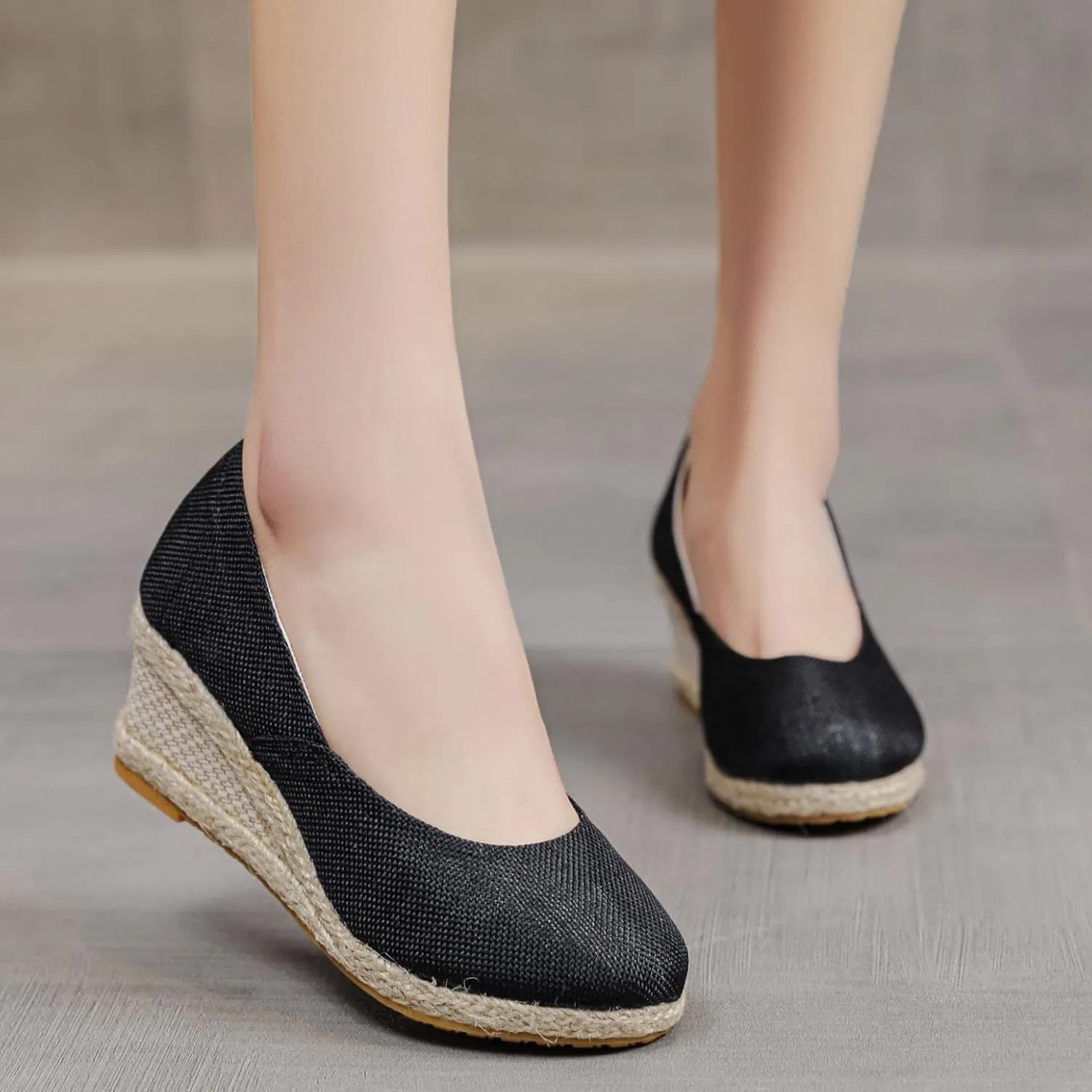 Hbeylia Women's Espadrille Slip On Loafers Ladies Fashion Casual Wedge Platform Closed Round Toe Chunky High Heels Dress Sandals Slip On Loafers Autumn Summer Walking Shoes for Work Nurse