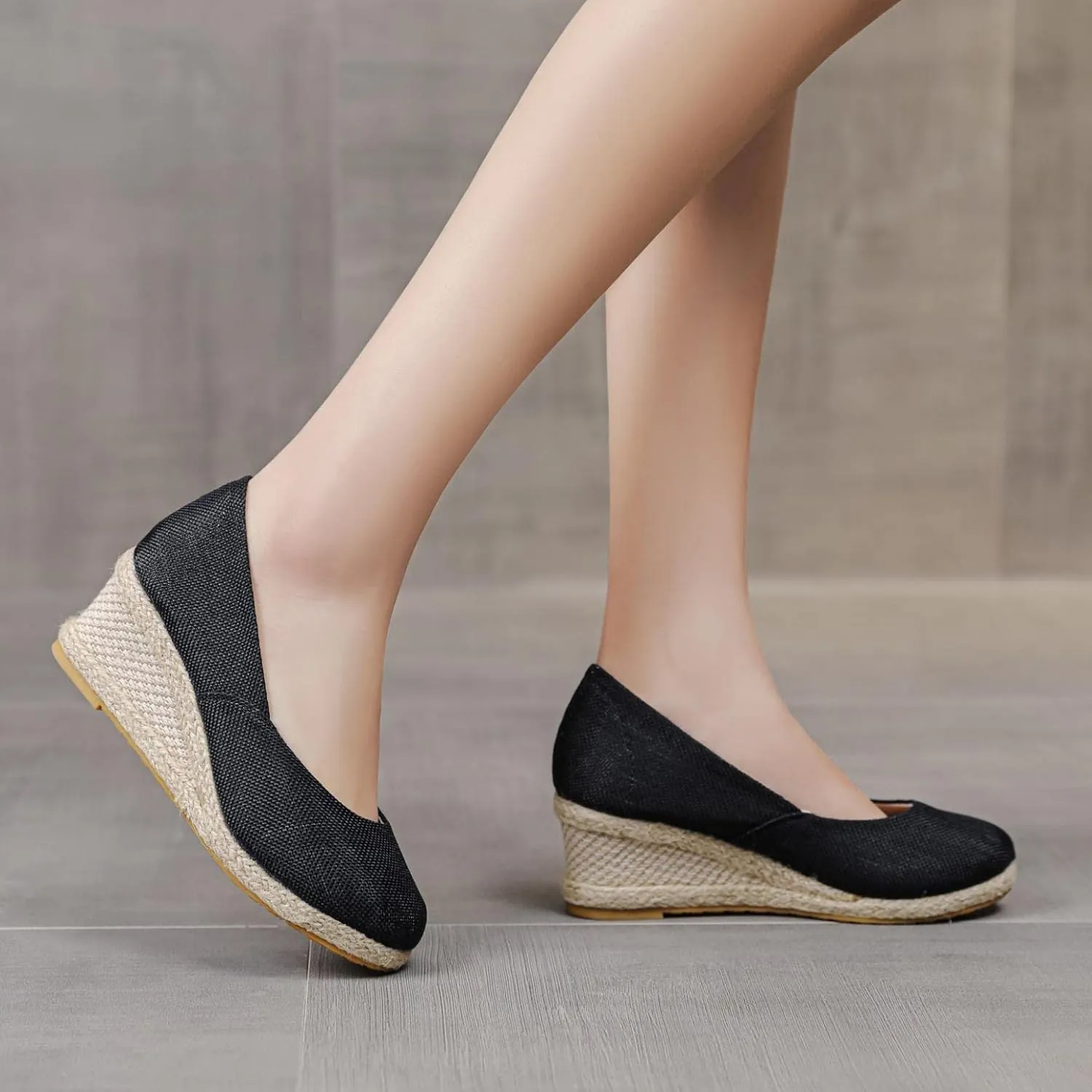 Hbeylia Women's Espadrille Slip On Loafers Ladies Fashion Casual Wedge Platform Closed Round Toe Chunky High Heels Dress Sandals Slip On Loafers Autumn Summer Walking Shoes for Work Nurse