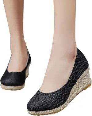 Hbeylia Women's Espadrille Slip On Loafers Ladies Fashion Casual Wedge Platform Closed Round Toe Chunky High Heels Dress Sandals Slip On Loafers Autumn Summer Walking Shoes for Work Nurse