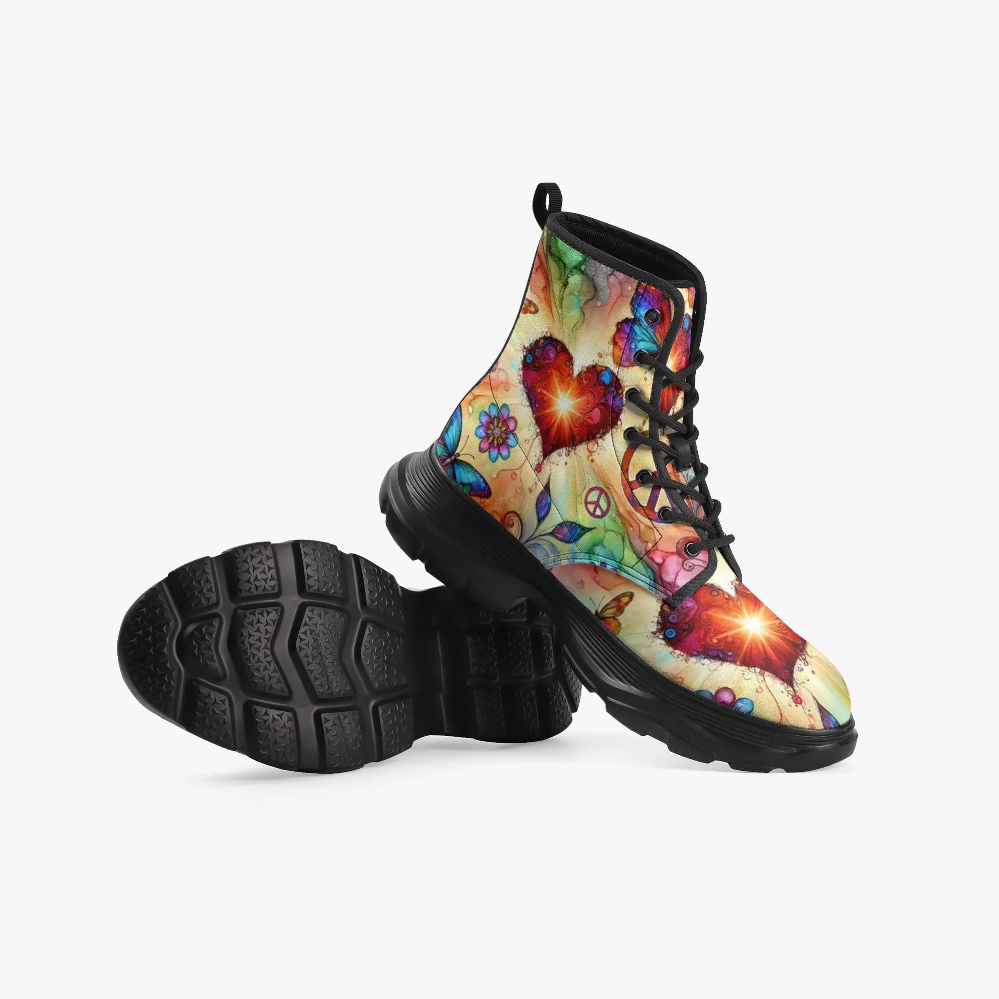 Hearts and Butterflies Casual Leather Chunky Boots
