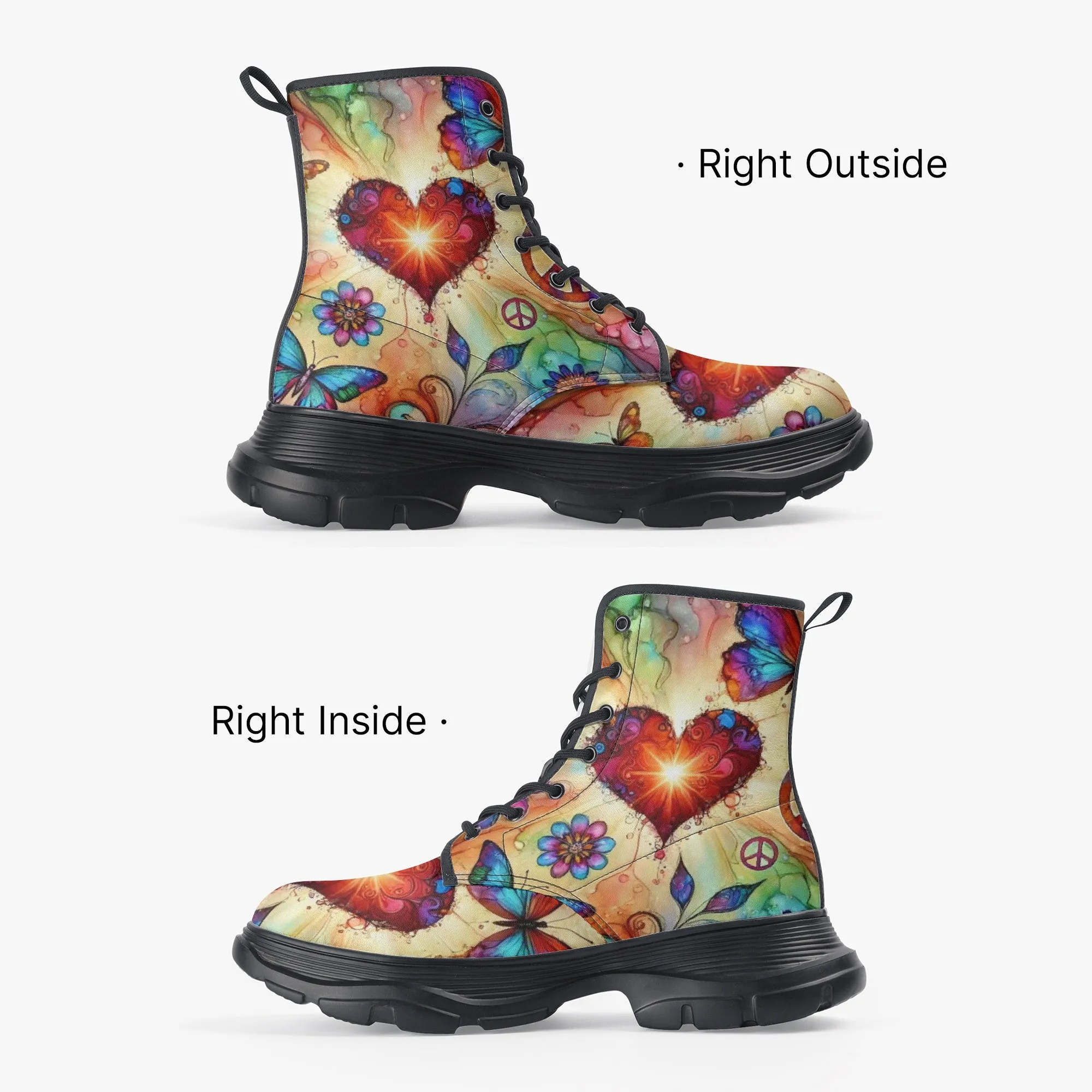 Hearts and Butterflies Casual Leather Chunky Boots