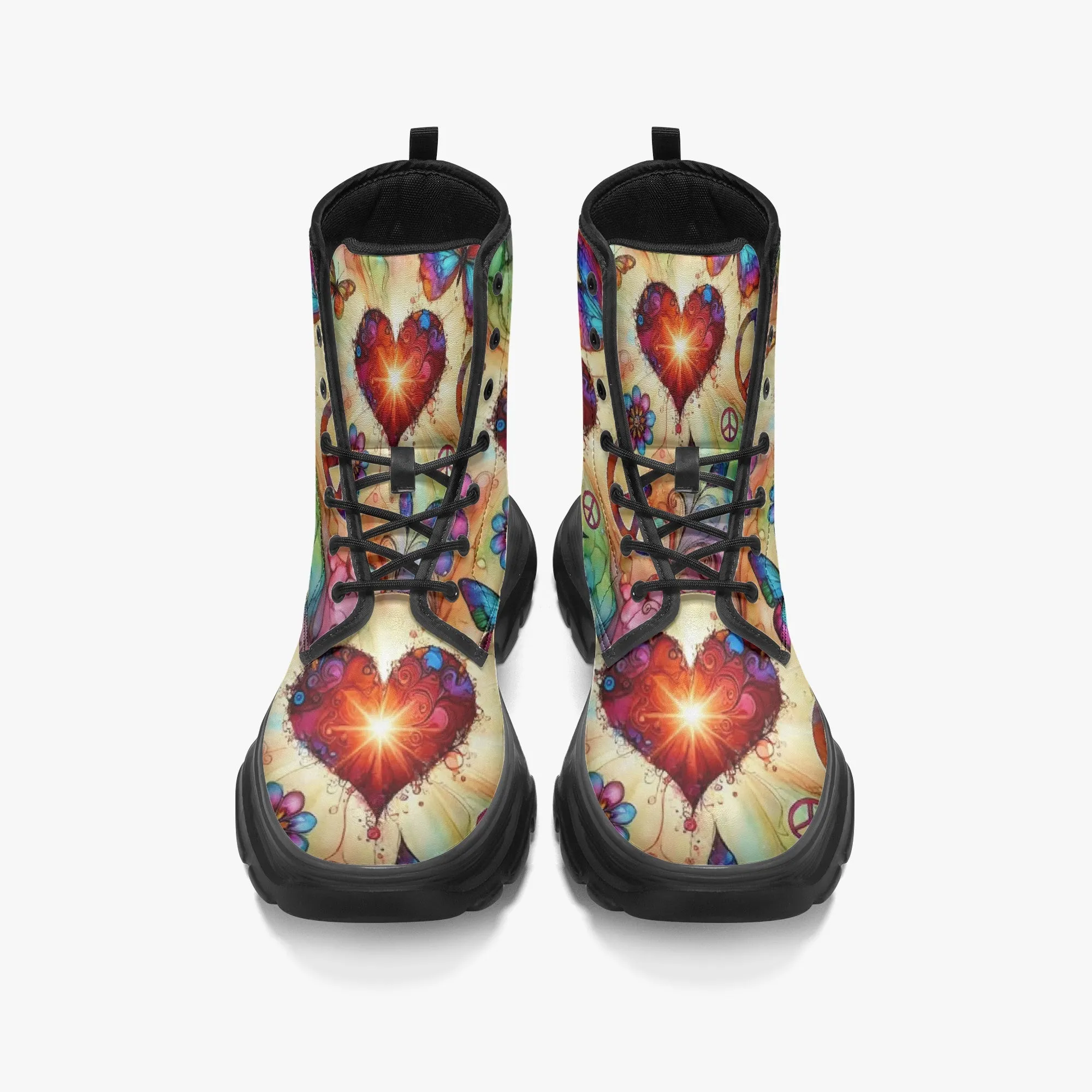 Hearts and Butterflies Casual Leather Chunky Boots