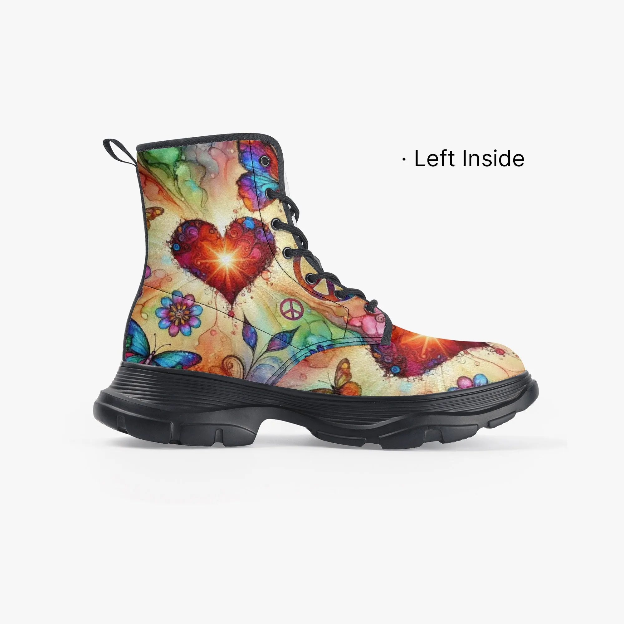 Hearts and Butterflies Casual Leather Chunky Boots