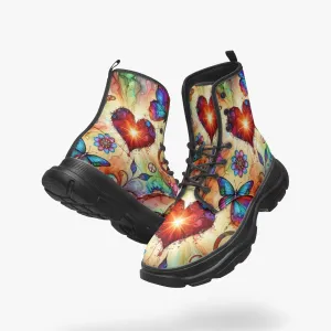 Hearts and Butterflies Casual Leather Chunky Boots