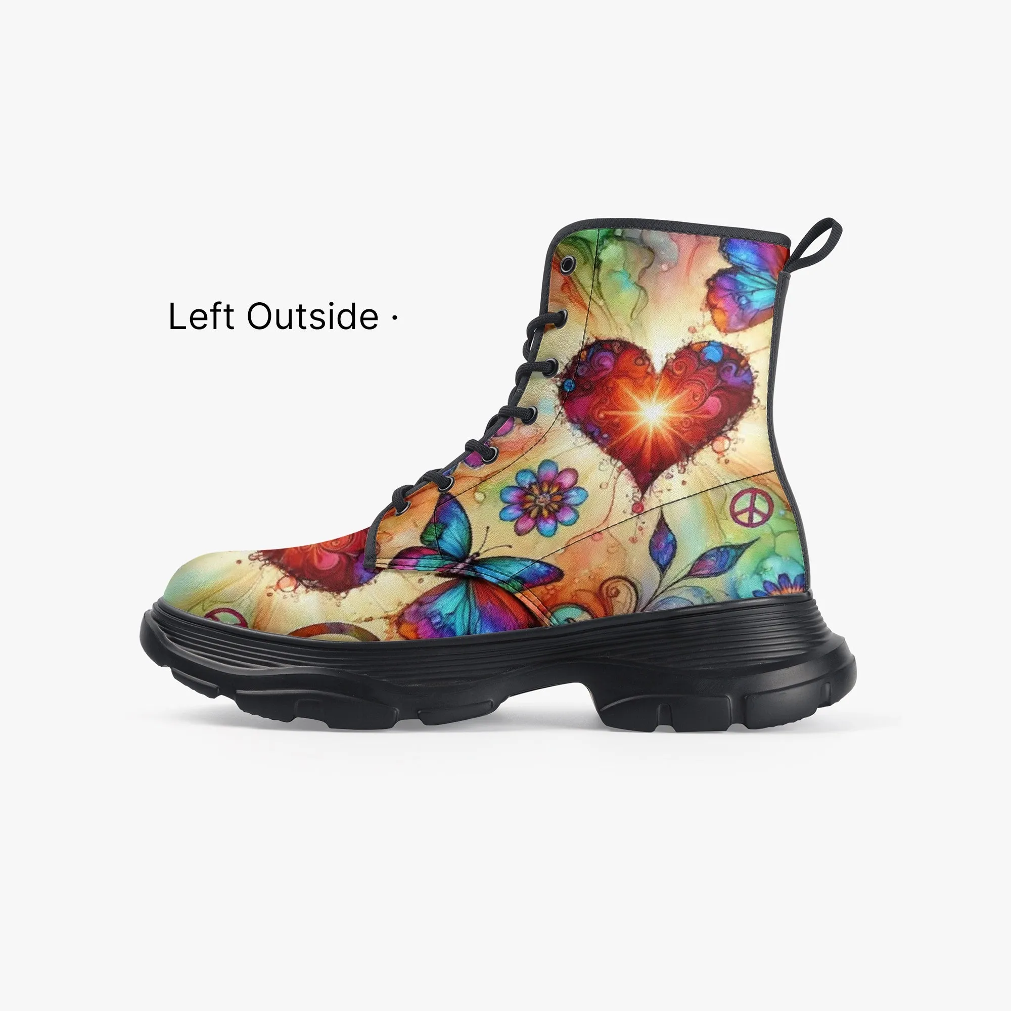 Hearts and Butterflies Casual Leather Chunky Boots