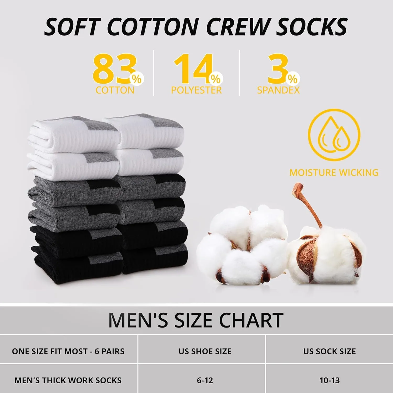 Heatuff Men's Cotton Cushion Crew Socks Athletic Running Moisture Wicking Thick Heavy Duty Work Boot Socks(6 Pairs)