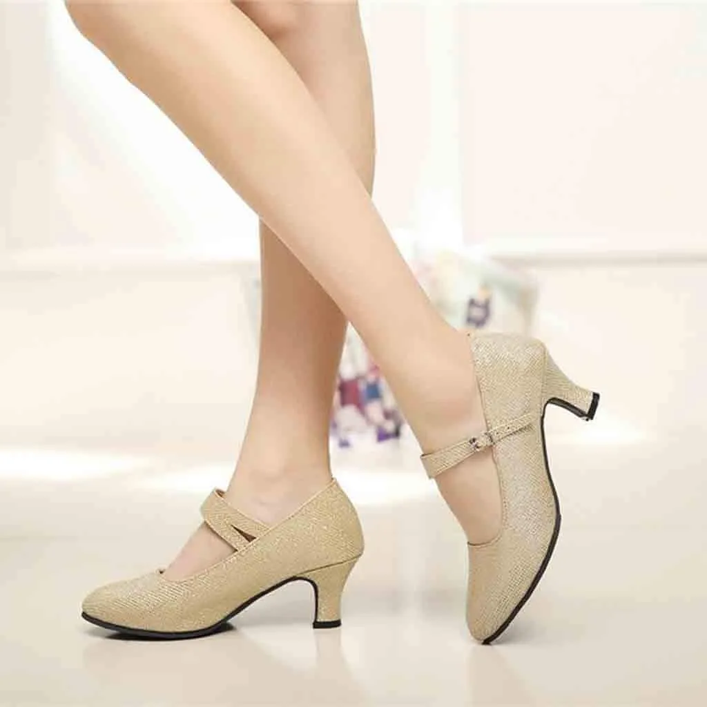 Heels for Women Ballroom Latin Dance Shoes Glitter Leather Closed Toe Heels Buckle Wedding Heels for Bride